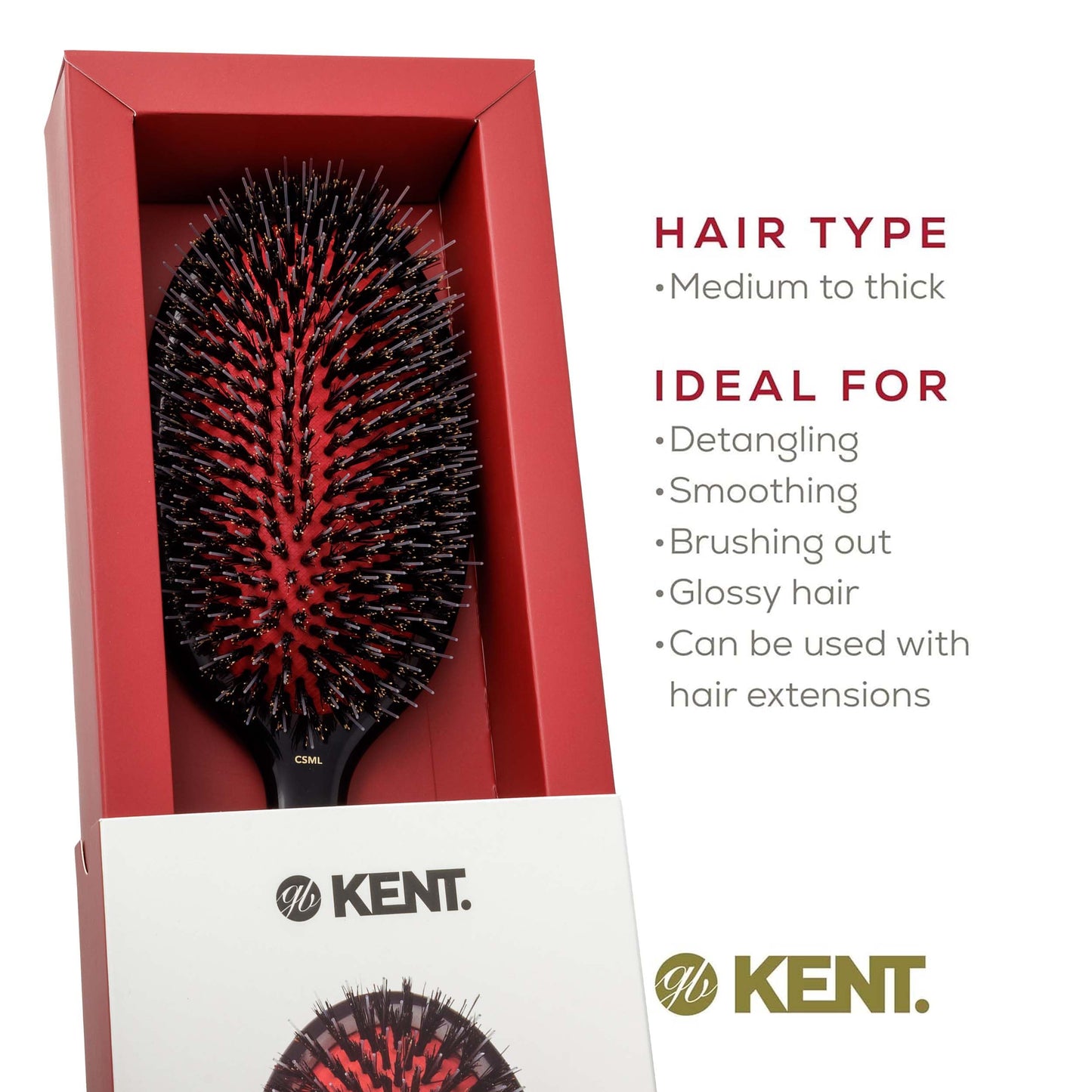 Kent CSML 9" Classic Shine Large Oval Cushion Straightening Brush - Natural Boar Bristle Hair Brush with Nylon Quills - Shine Hair Brush and Scalp Brush for Medium to Thick Hair (+ Hair Brush Cleaner)