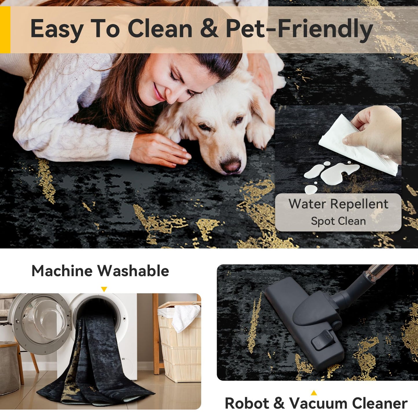 RELEANY Washable Area Rugs 5'x7' Non-Slip Modern Abstract Soft for Living Room Entryway Bedroom Kitchen, Print Pattern, Dark Black Gold