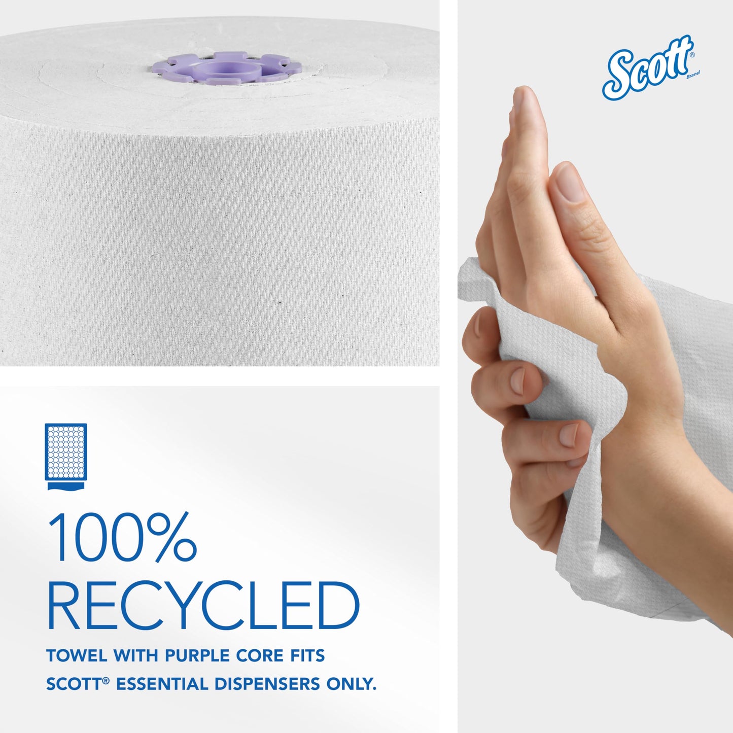 Scott® Essential 100% Recycled Hard Roll Paper Towels, Bulk (58423), Hardwound, Absorbency Pockets™, White, Fits Scott Essential Purple Core Dispensers (6 Rolls at 700' Each, 4,200'/Case)