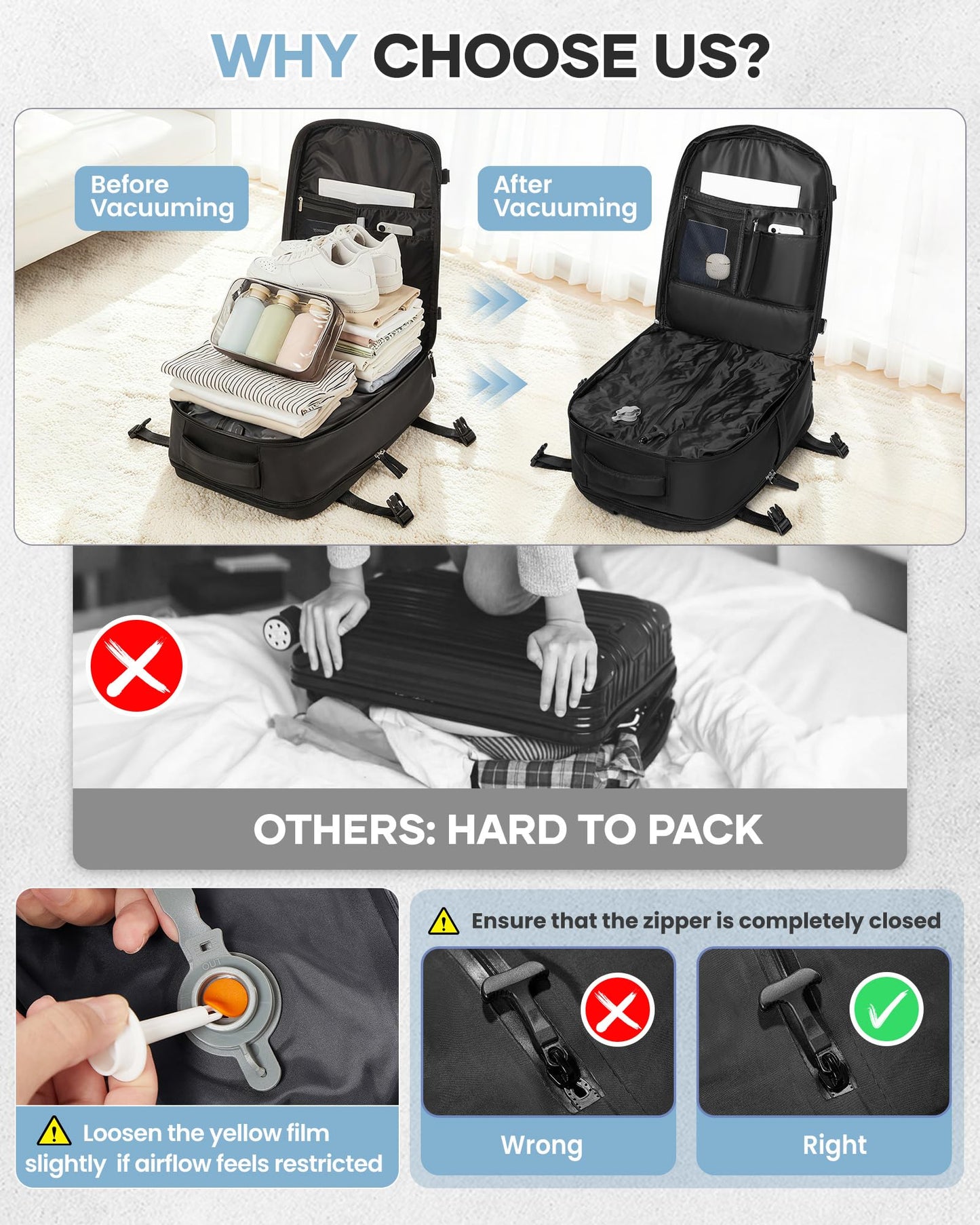 WONHOX Vacuum Seal Backpack for Travel with Air Pump Daypack Carry on Flight Approved Compression Laptop Space Saver Bags Storage with Vacuum System 18x14x8 inches Travel Essentials Bag Women Black
