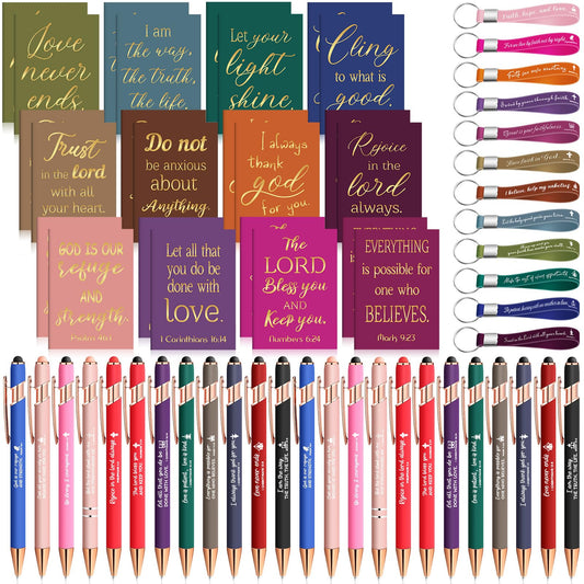 Estune 72 Pcs Christian Bible Gifts Set Bulk Religious Scripture Notebooks Scripture Quote Inspirational Ballpoint Pens Verse Christmas Keychain Inspirational Bible Gifts for Office (Religion)