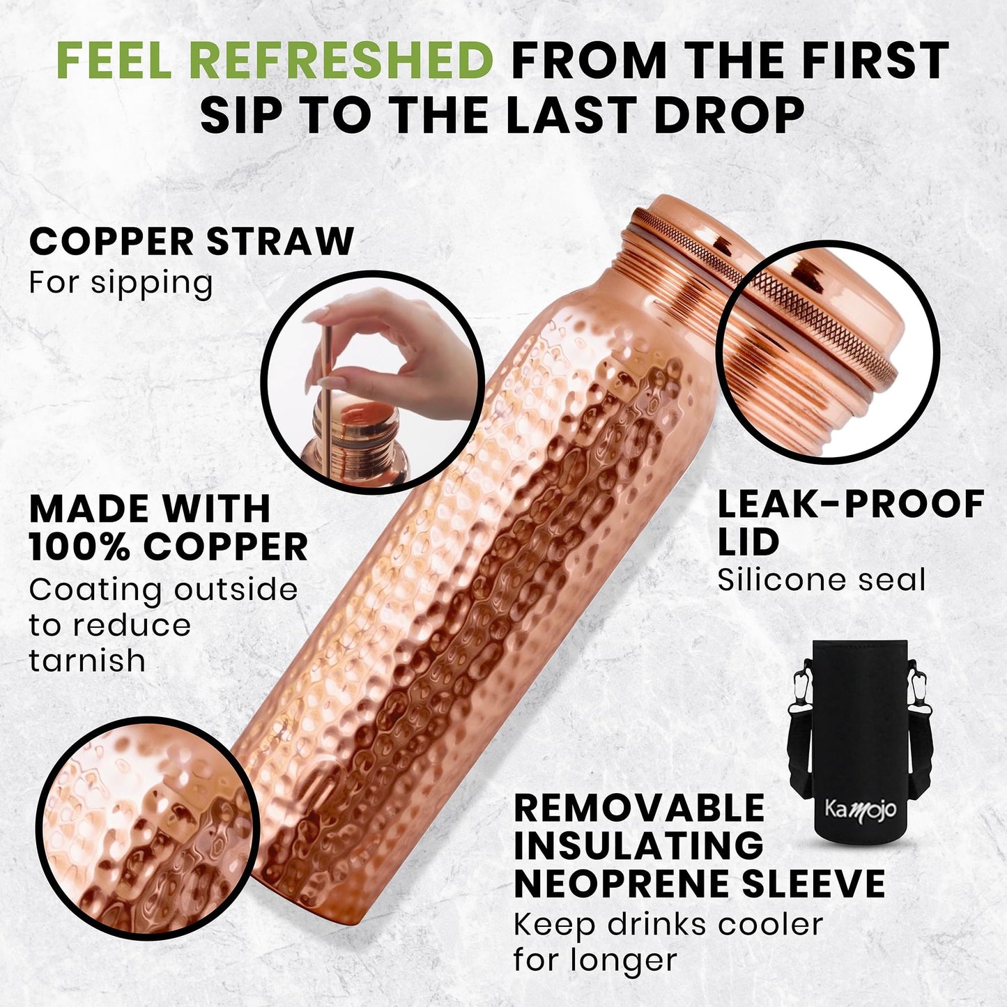 Kamojo Copper Water Bottle for Drinking - Hammered Pure Copper - Removable Insulating Sleeve & Straw - Leak Prooff Lid -Handcrafted Ayurvedic Cup for Water 32 fl oz