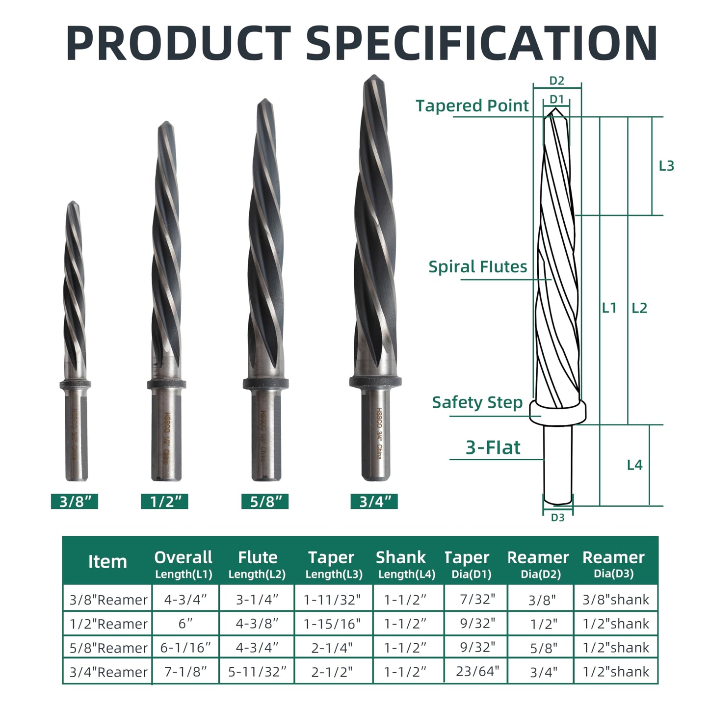 4PCS M35 HSS Taper Chucking Reamer Set 3/8",1/2",5/8",3/4" Fit 3/8" or 1/2" Shank Construction Reamer Drill Bit Bridge Also for Wood Alloy Steel Metal Align The Existing Hole and Expand The Reamer