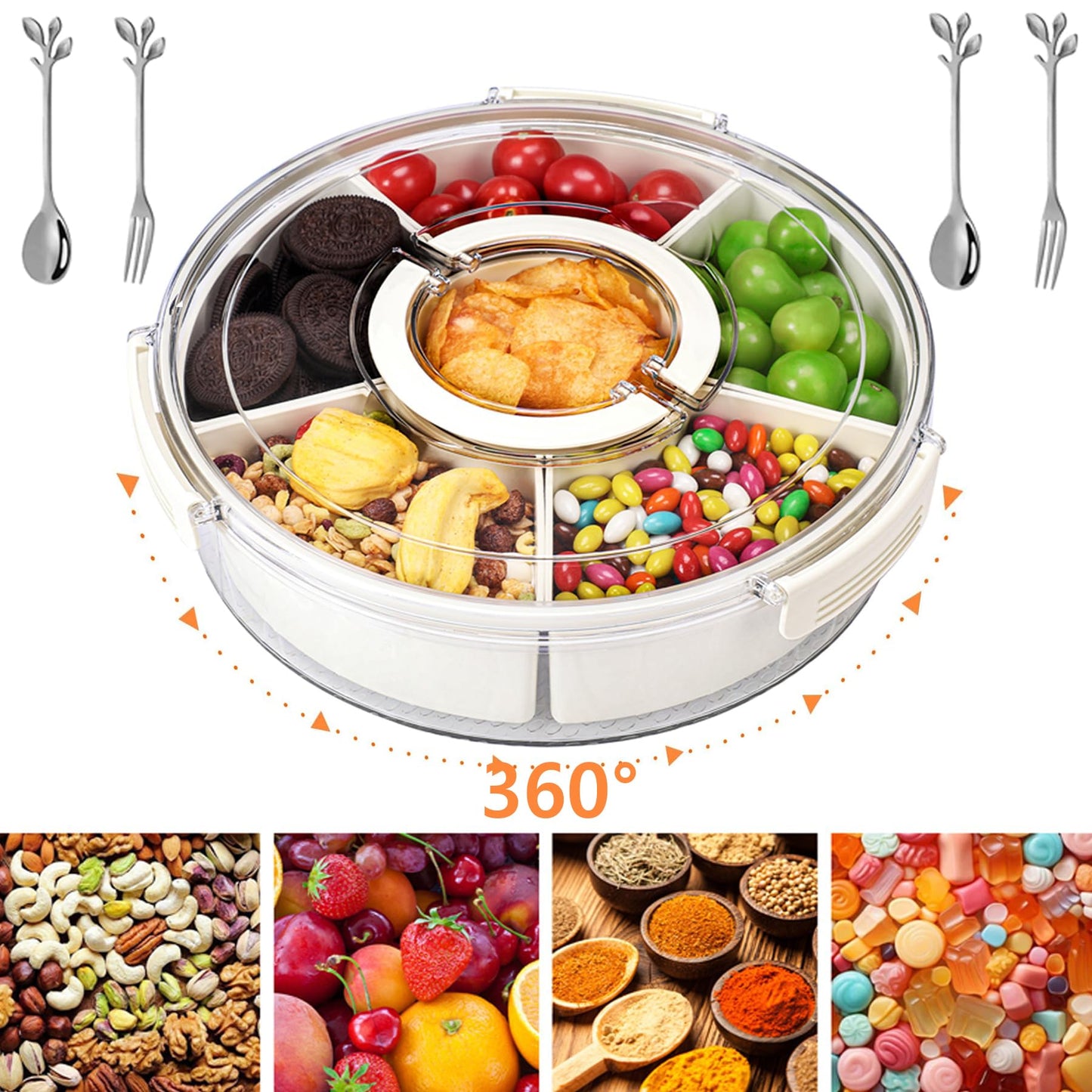 Snackle Box Container Divided Serving Tray with Lid, Handle, Spoon and Fork - Kitchen Portable Spinning Round Stackable Container with 6-Compartment for Veggies, Fruit, Candy, Party, Nuts, Essentials