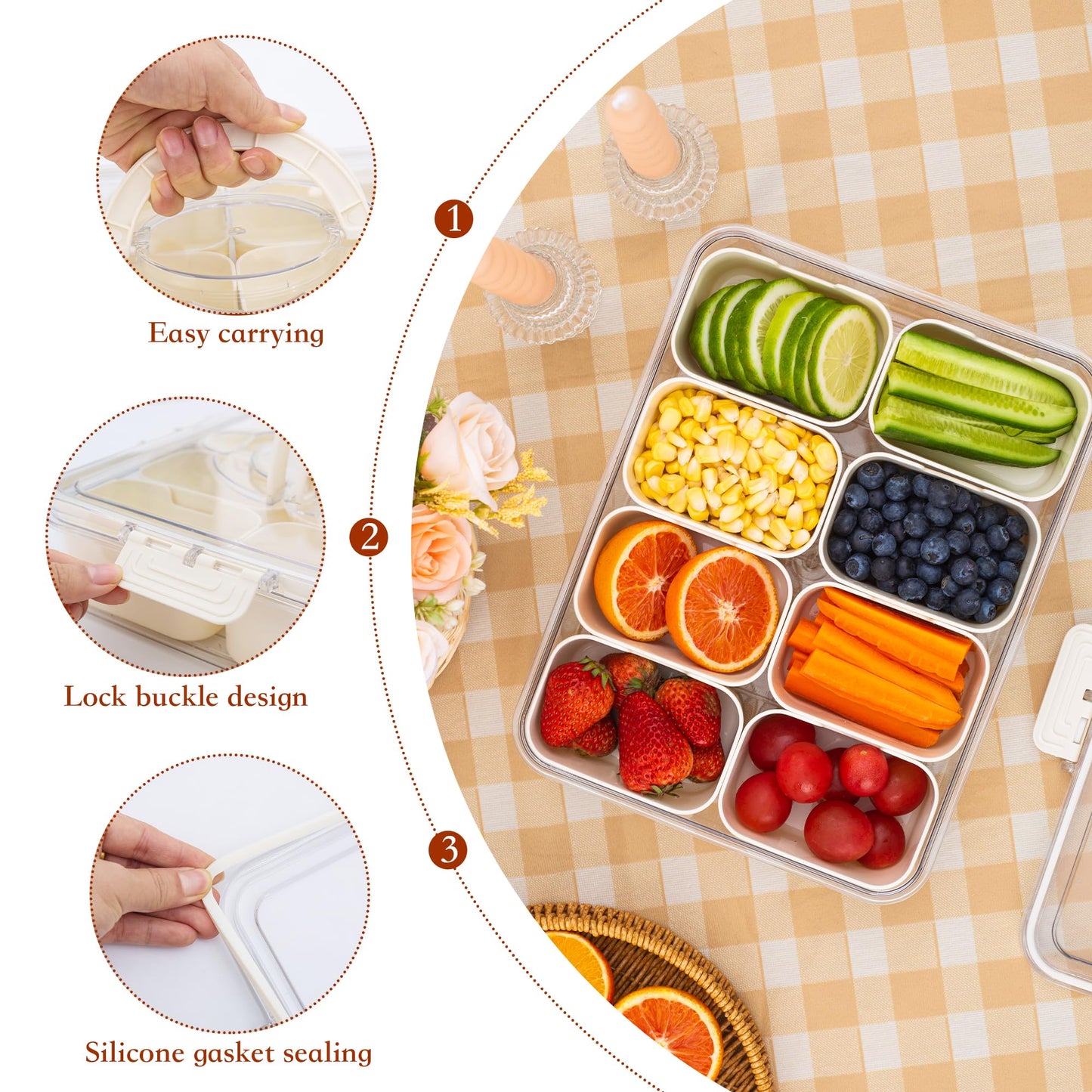 WACOI Divided Snack Serving Tray with Lid and Handle Travel Snackle Charcuterie Container Portable Storage Organizer for Candy, Fruits, Nuts, Snacks, Party, Picnic 2 Packs White
