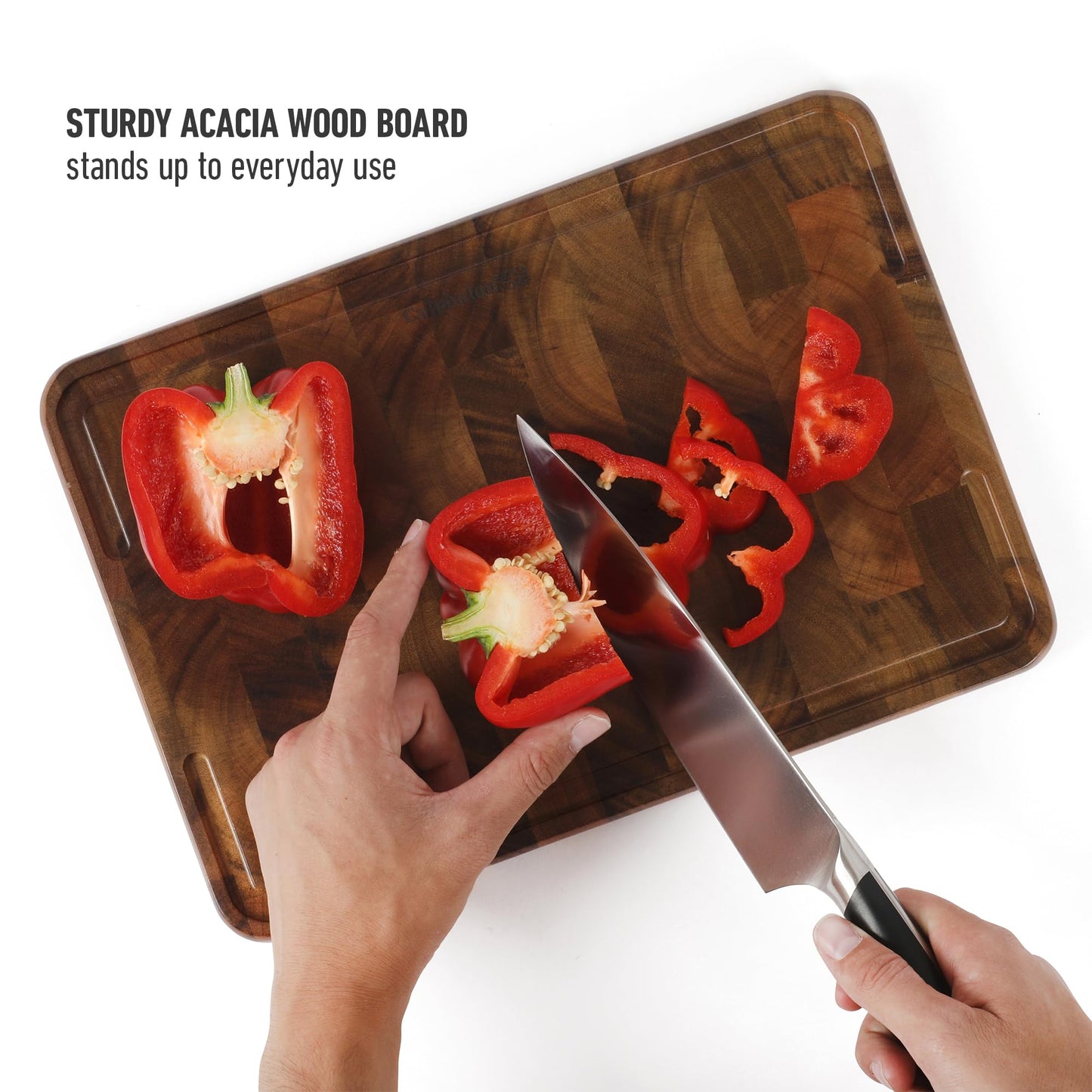 Calphalon Edge Guard Cutting Board, 13.6 x 9.5-Inch End-Grain Acacia Wood Cutting Board, Wooden Chopping Block for Stable Cutting & Food Prep