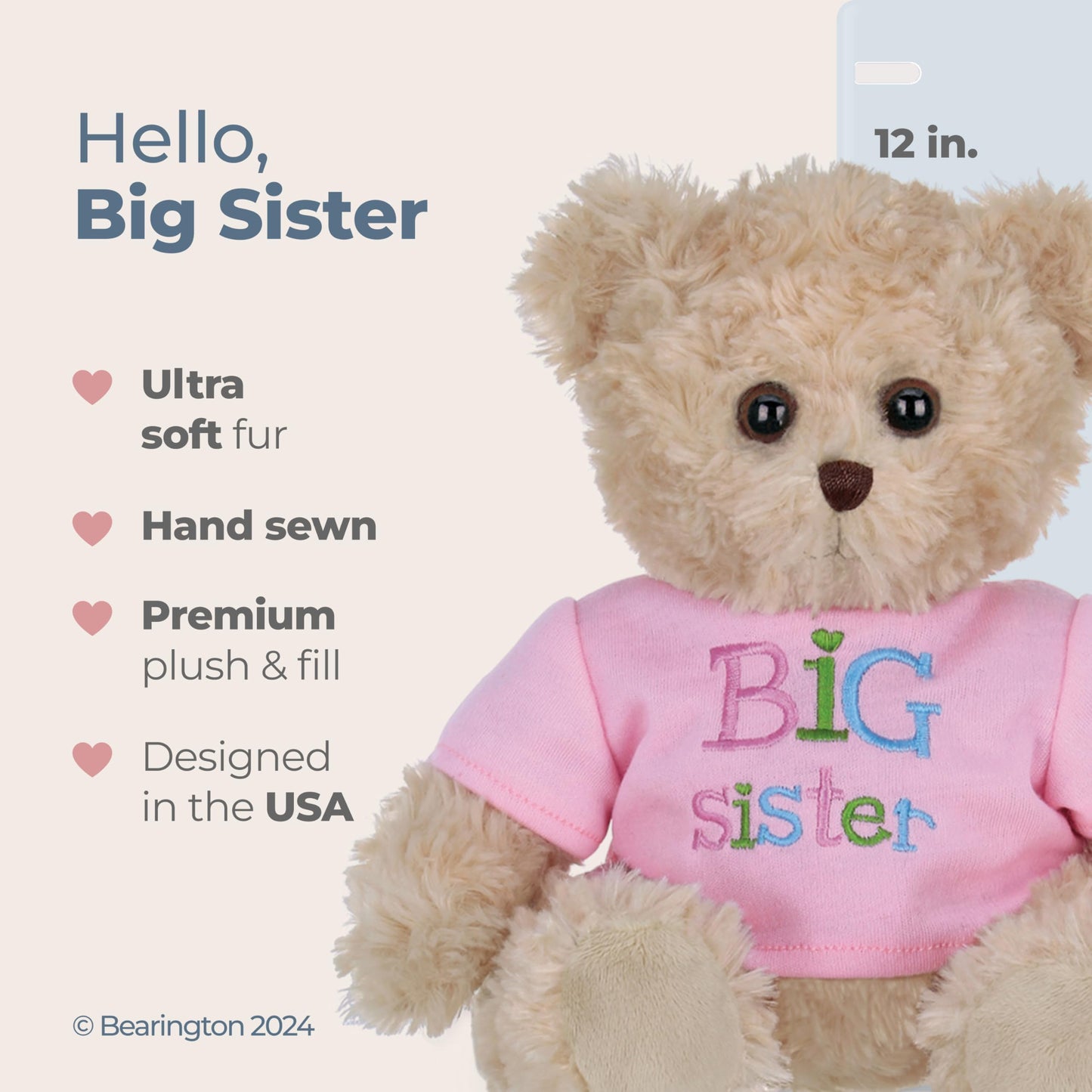 Bearington Ima Big Sister Plush Stuffed Animal Teddy Bear in Pink T-Shirt, 12 Inches