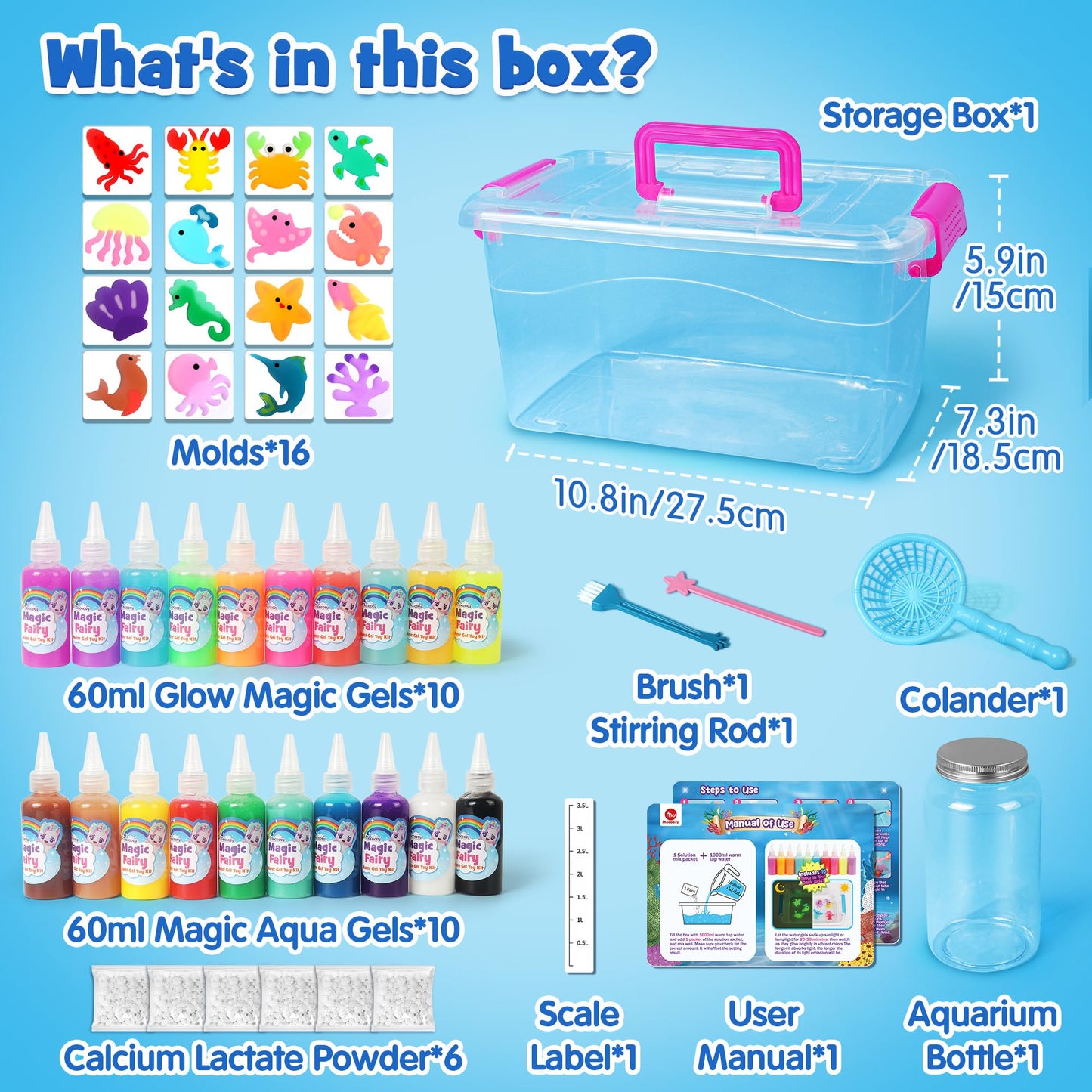 Mocoosy Magic Water Elf Toy Kit for Kids, Glow in The Dark Aqua Fairy Water Gel Kit with 20 Gel & 16 Molds, Make Your Own Squishies, Squishy Maker Waters Pets, DIY Art Crafts, Boys Girls Birthday Gifts