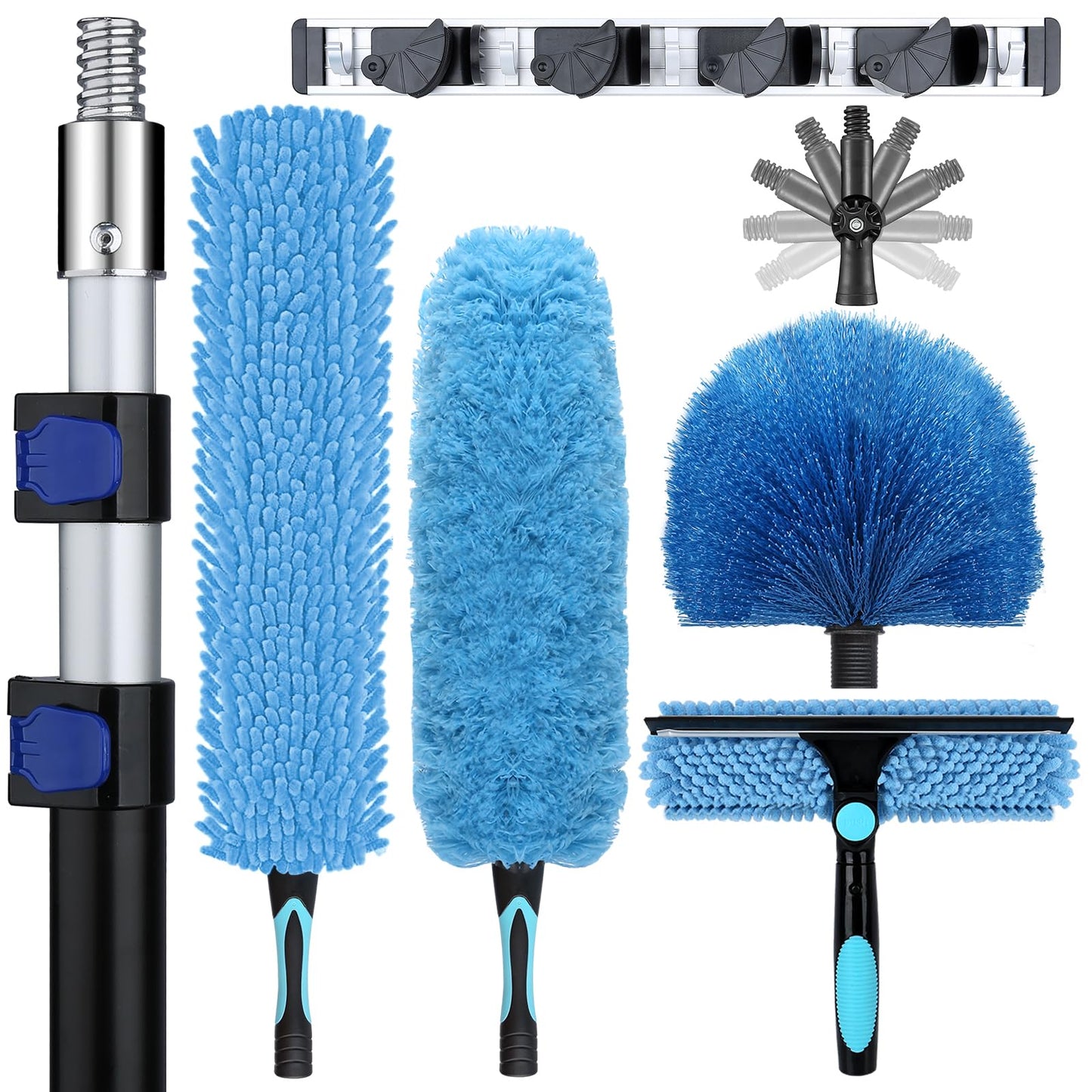 20ft High Ceiling Duster Kits with 5-12ft Heavy Duty Extension Pole - Fan Blade Cleaner, Cobweb Remover & Blue Window Squeegee Kit, Washable Dust Brush for High Roof and Glass Surfaces