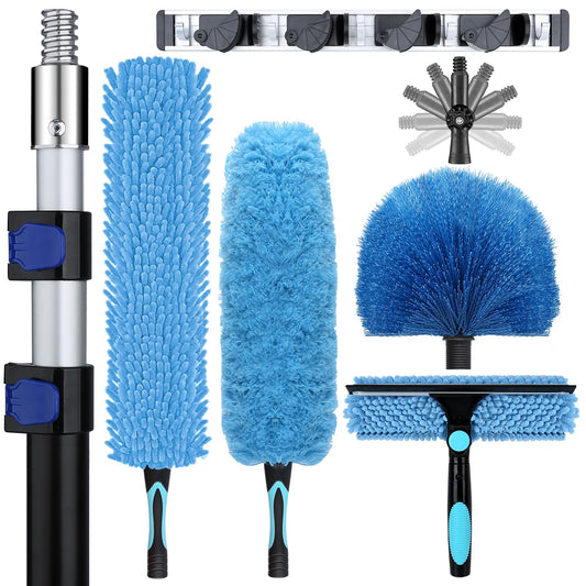 20ft High Ceiling Duster Kits with 5-12ft Heavy Duty Extension Pole - Fan Blade Cleaner, Cobweb Remover & Blue Window Squeegee Kit, Washable Dust Brush for High Roof and Glass Surfaces