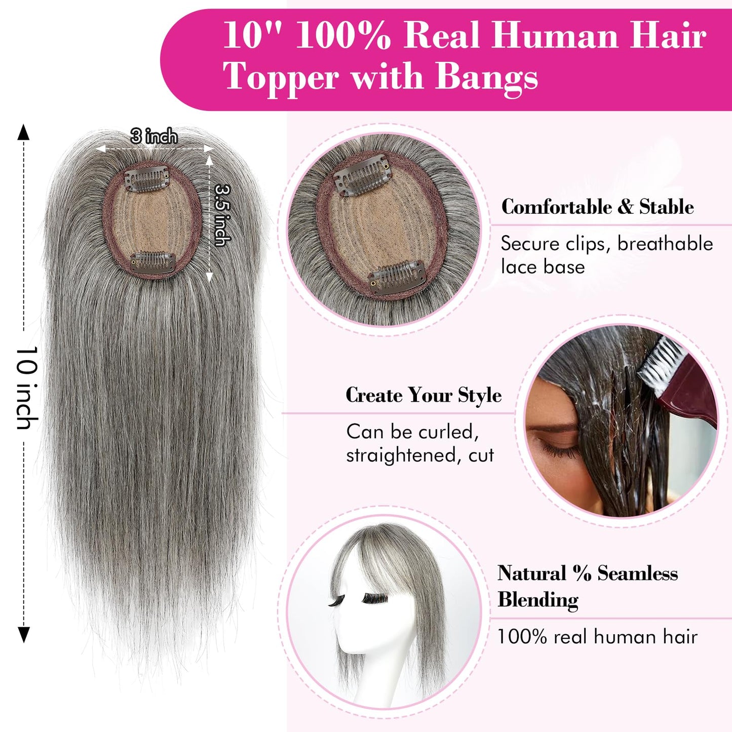 REECHO Hair Toppers for Women Real Human Hair, 10 inch Hair Toppers with Bangs, Hair Topper for Women with Thinning Hair, Grey