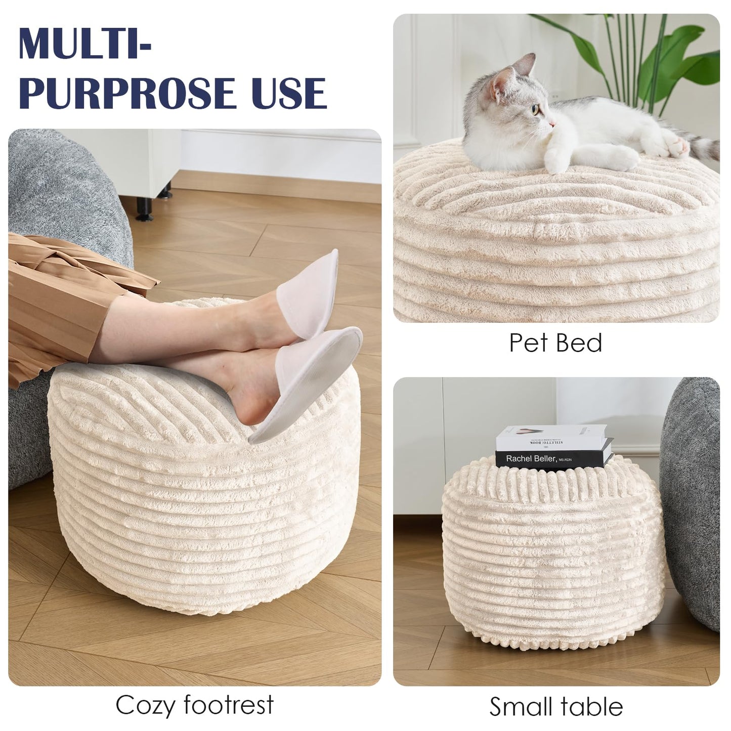 SHOUREN Stuffed Round Ottoman,Corduroy Pouf Ottoman Foot Rest with Foam Filling,Pouf Storage Ottoman Footstool for Living Room,20 X 15 Floor Poufs for Couch - 20 X 15 Inches,Beige