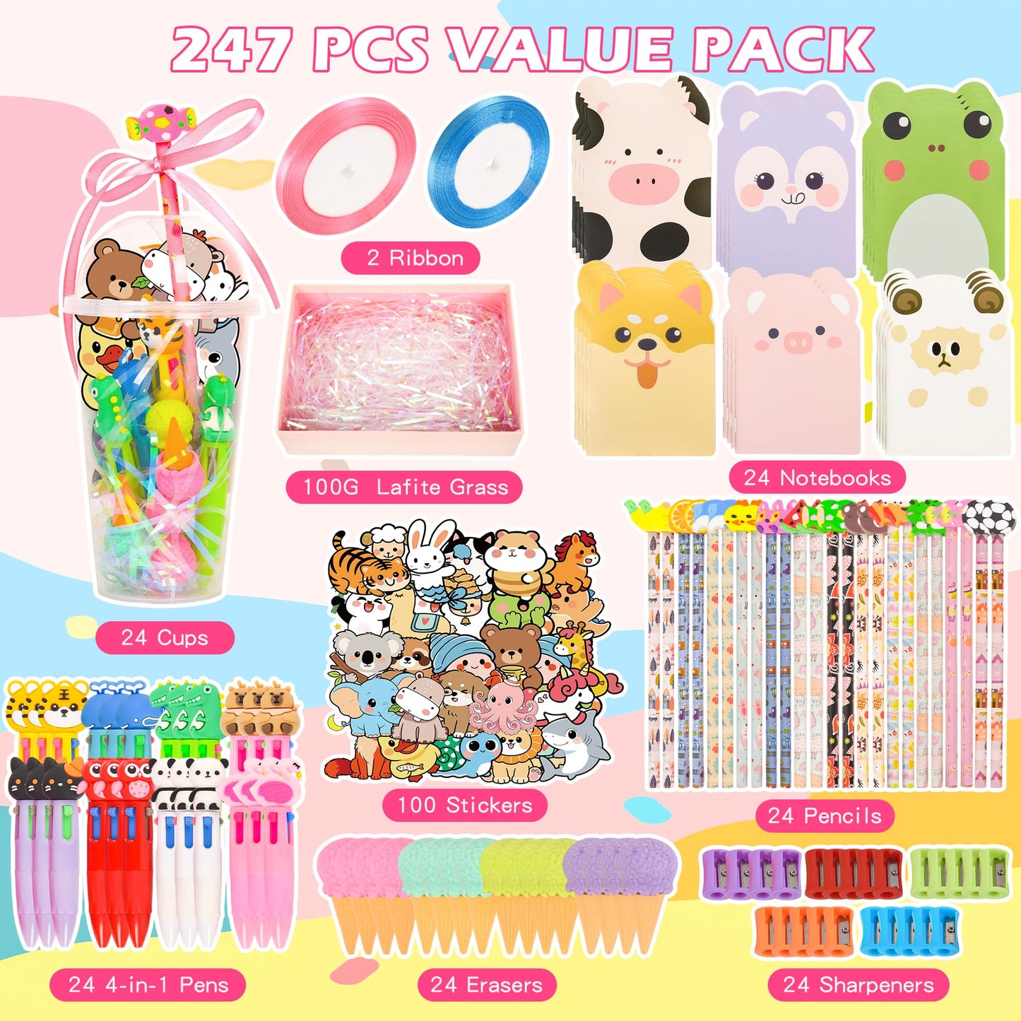 LiYiQ 24 Set 247-Piece Stationery Set for Student Rewards, Pencil Erasers Notebook Stickers for Classroom Party Goodie Bags and Prizes