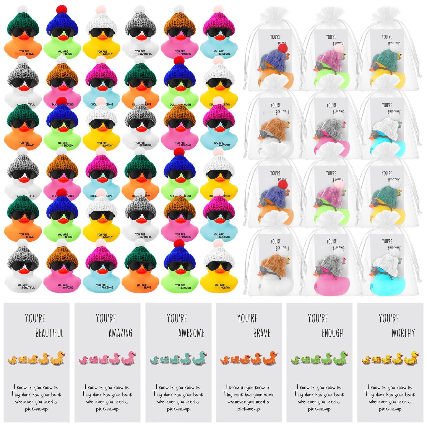 Liliful 96 Set Employee Appreciation Gift Bulk for Coworker Inspirational Mini Rubber Ducks with Glasses You are Awesome Sign You're Kind Cheer up Card Thank You Gift for Staff Team Teacher Women