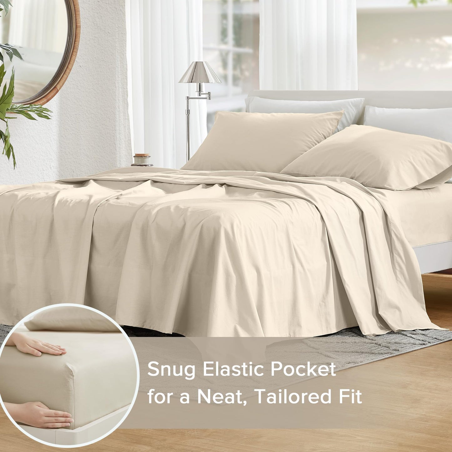 Comfort Spaces 100% Cotton Sheets Queen, Breathable & Ultra Soft Cotton Sheets, Naturally Cool Cotton Bed Sheets with 14" Elastic Pocket Fits up to 16" Mattress, All Seasons Sheet Set, Cream 4 Piece