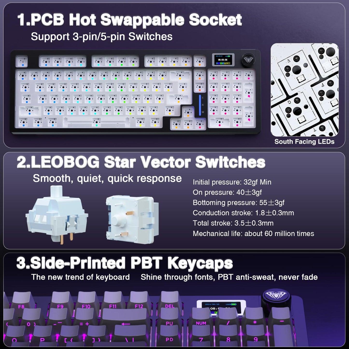 AULA S98 Pro Wireless Mechanical Keyboard with Screen & Knob,2.4GHz/USB-C/BT5.0 Gasket Hot Swappable Creamy Keyboard,Pre-lubed Linear Switches,Side Printed PBT Keycaps,RGB Backlit Gaming Keyboard