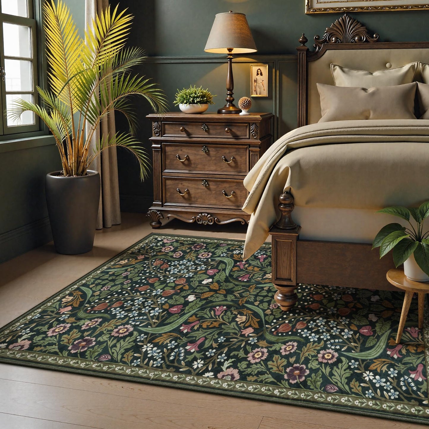 Lahome Floral 5x7 Washable Living Room Rugs, Green Area Rugs for Bedroom Rubber Backed, Botanical Thin Stain-Resistant Carpet for Dining Room, Guestroom, Kids Room, Living Room Decor