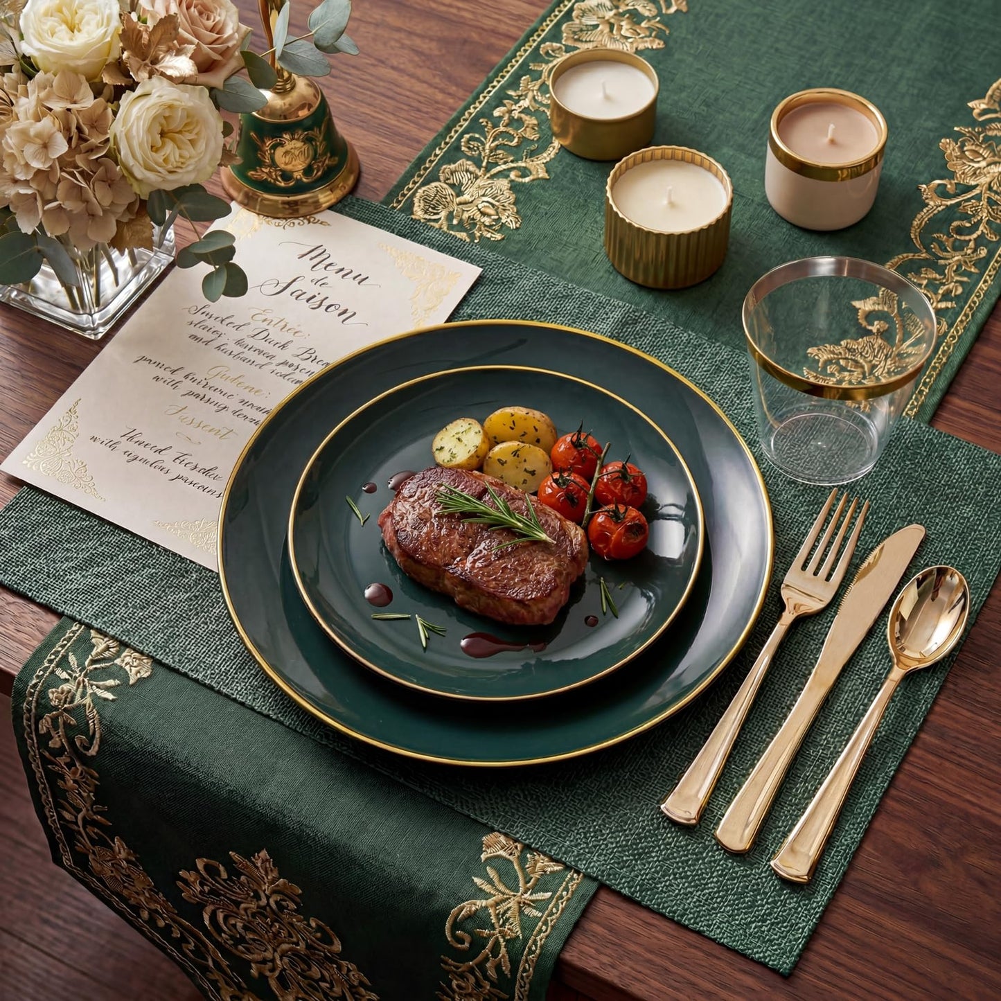 NOCCUR 350PCS Green Plastic Plates - Disposable Green Gold Dinnerware Set for 50 Guests, 100 Dinner/Dessert Plates, 150 Gold Silverware, 50 Cups&50 Napkins for Party ＆ Wedding ＆ World Cup 2026