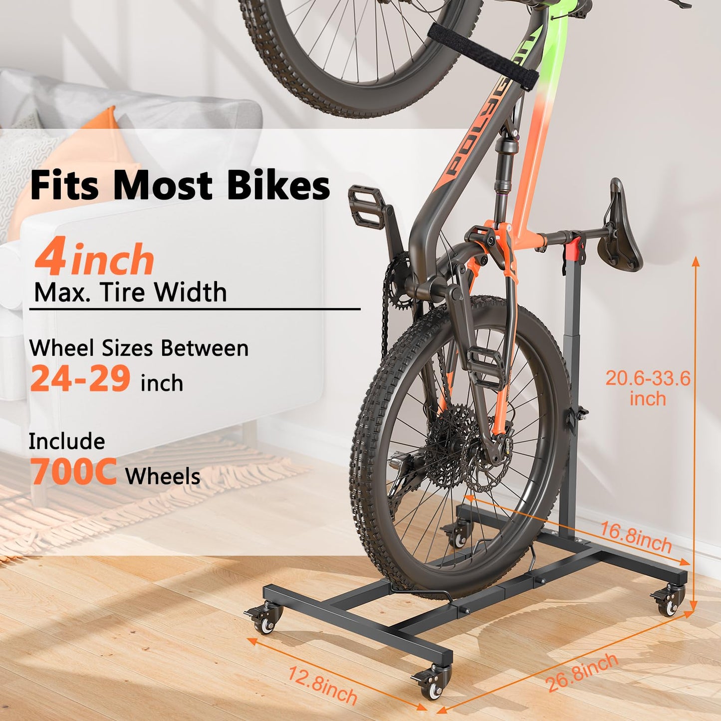 Vertical Bike Stand,Freestanding Space-Saving Bike Rack with Adjustable Height for Wheels Sizes up to 29”,Indoor Bike Storage Rack for Garage & Apartment,Upright Bicycle Floor Holder for MTB Road Bike