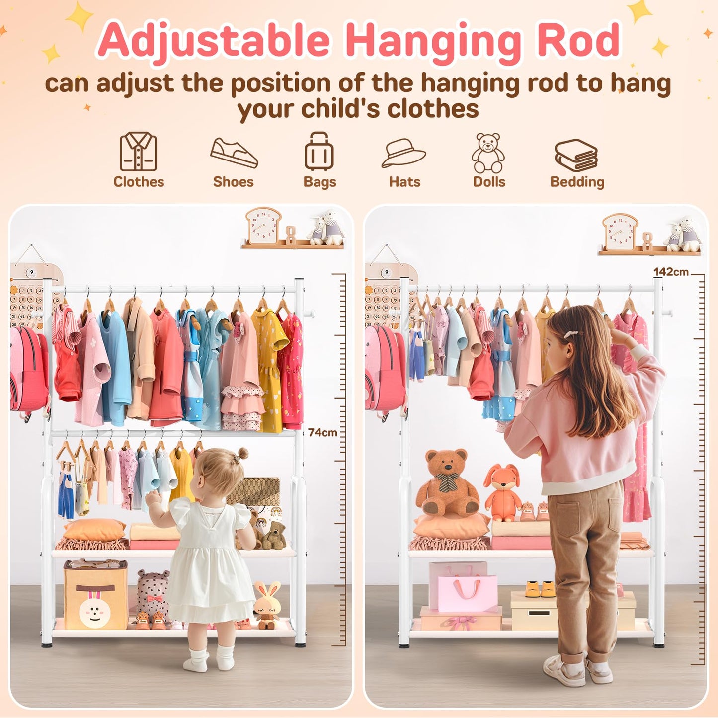 ZHKINGGS Kids Clothing Rack with 2-Layer Storage Shelf and 2 Adjustable Hanging Rods, Dress Up Rack for Hanging Clothes,Dress up Storage for Baby Toddle Kids(Classic, White)