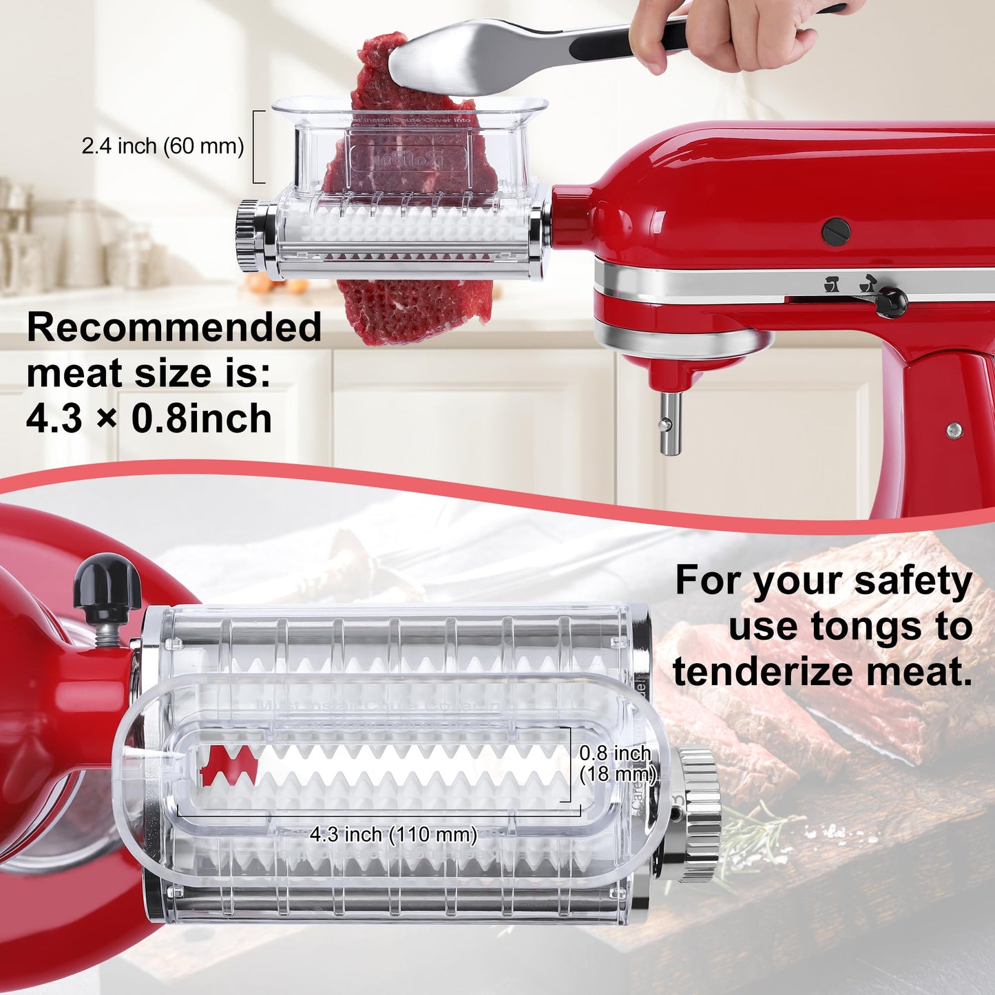 Meat Tenderizer Attachment for Kitchenaid Stand Mixers, 3 Adjustable Thickness, Meat Tenderizer Machine with Transparent Cover, Meat Cuber Accessories for Kitchen aid, Dishwasher Safe