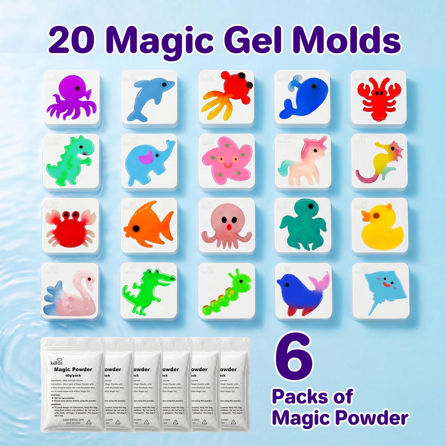 Kiditos Magic Water Elf Toy Kit–Squishies for Kids, 25 Gels & 20 Molds, Magic Gel Water Pets Sensory Toy, Fun DIY Craft Kit, Party Favors, Birthday & Christmas Gifts for Kids Ages 3+
