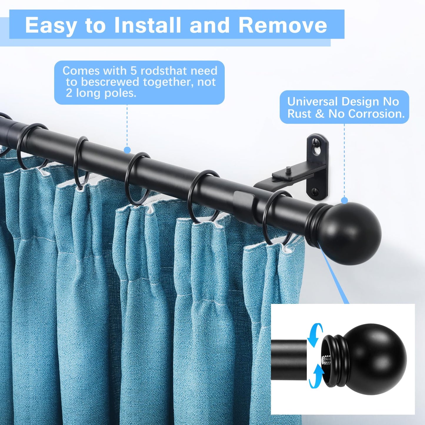 AMZSEVEN Curtain Rods for Windows 16 to 76 Inches, Curtain Rod Max Adjustable Length of 88 IN, 1" Diameter Drapery Rods Round Finials, Black, Pack of 2