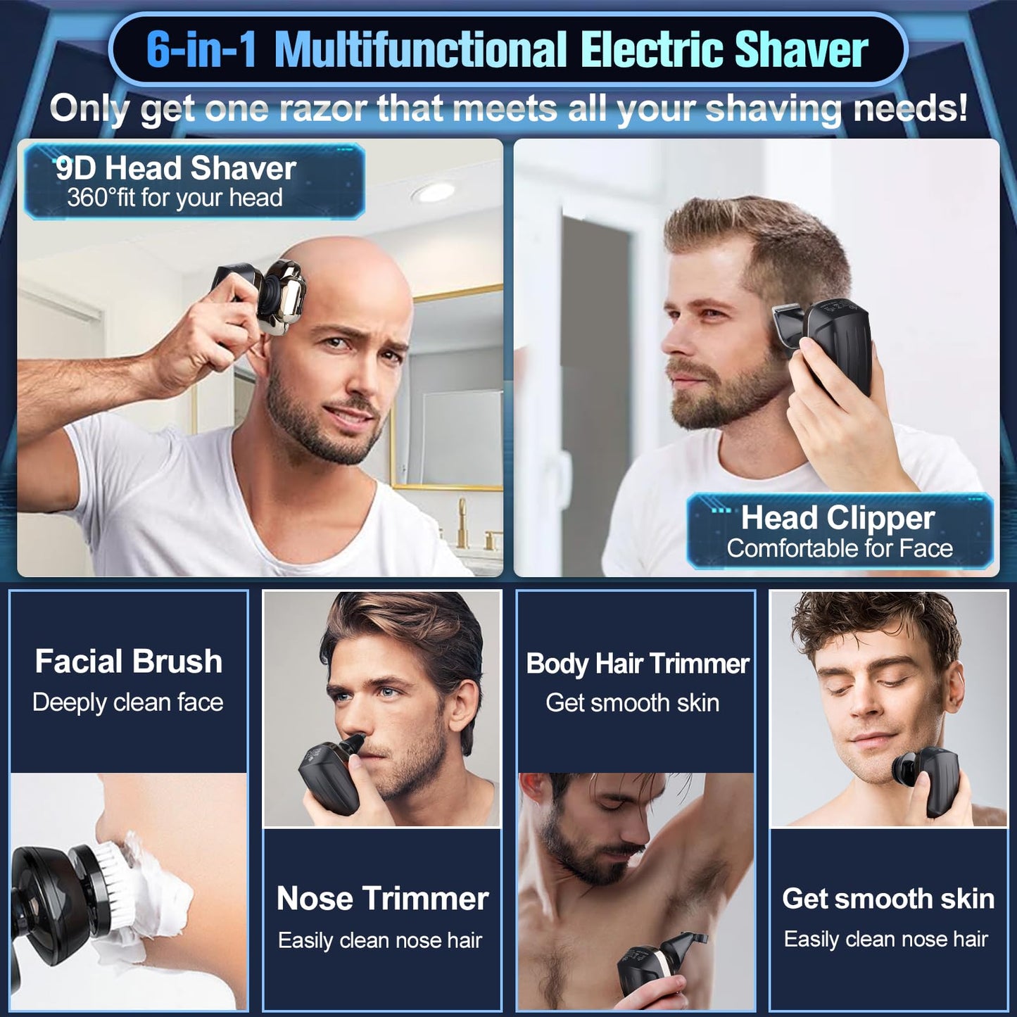 9D Head Shavers for Bald Men, Electric Razor for Men to Shave Fast with LED Display, Cordless Rechargeable, IPX7 Waterproof Wet/Dry Rotary Shaver Kit with Nose Hair Trimmer Shaver, Gift for Men