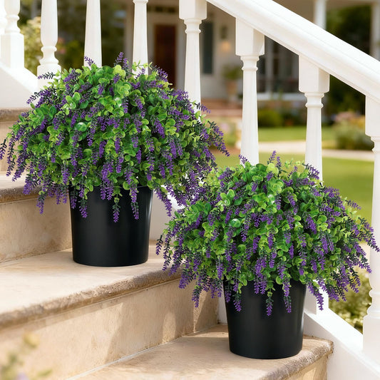 Artificial Eucalyptus & Lavender Topiary Ball Tree for Front Door - Set of 2 Topiary Trees with Pots, UV Resistant Faux Bushes Potted Plants for Porch Garden Farmhouse Outdoor Decoration