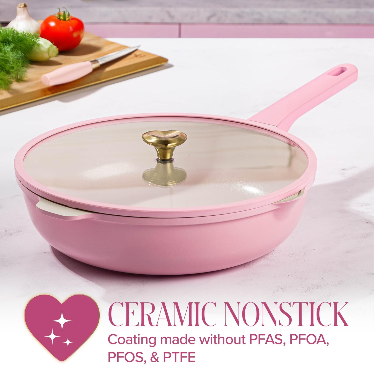 Paris Hilton Jumbo Sauté Pan with Lid, Cast Aluminum Cookware with Ceramic Nonstick Coating Made Without PFAS, PFOA, PFOS & PTFE, 4-Quart, Pink
