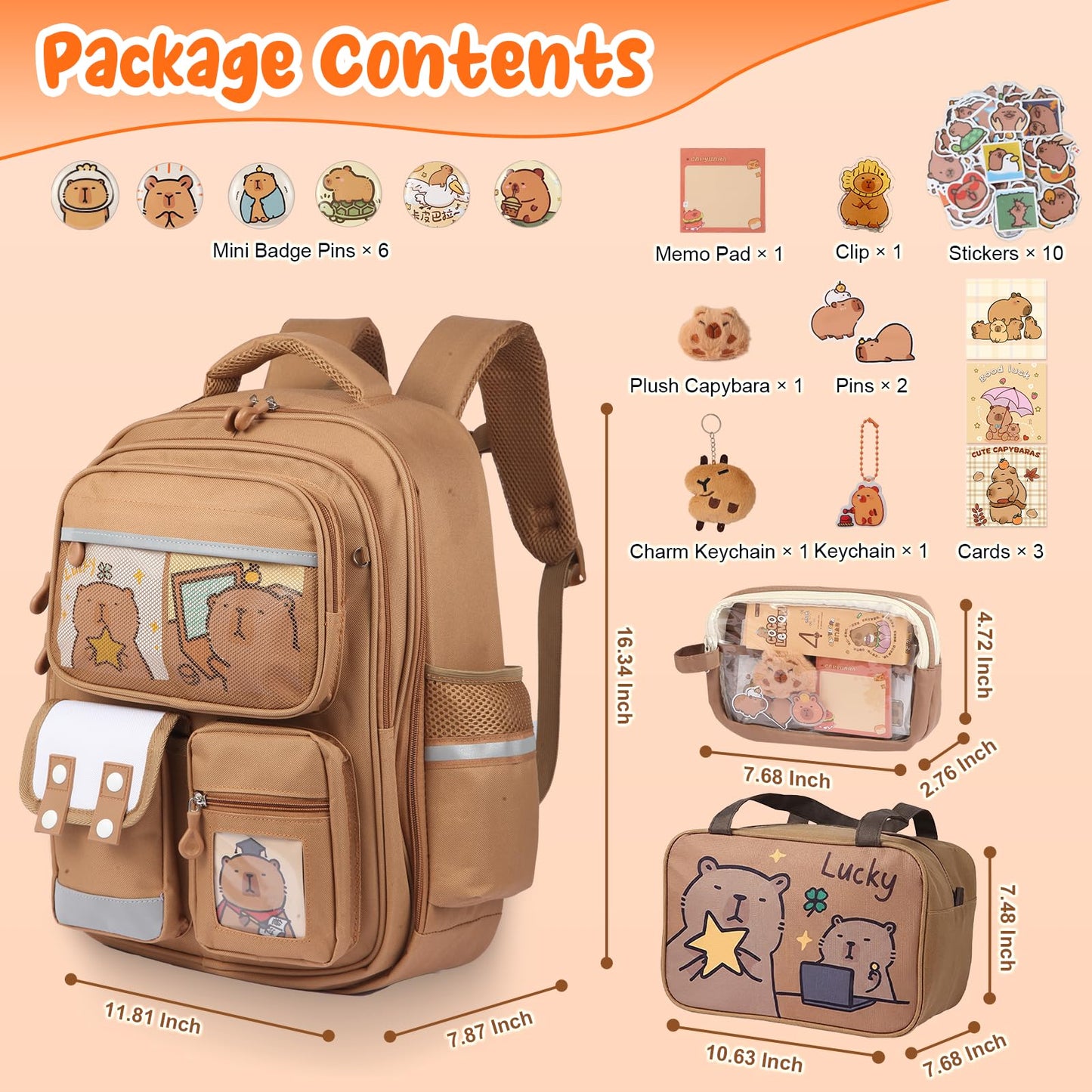 Capybara Backpack 24 Pcs Mochila Capibara Cute Kapibara Daypack Funny Going Out Cartoon Laptop Travel Casual Bag Gifts (Khaki)