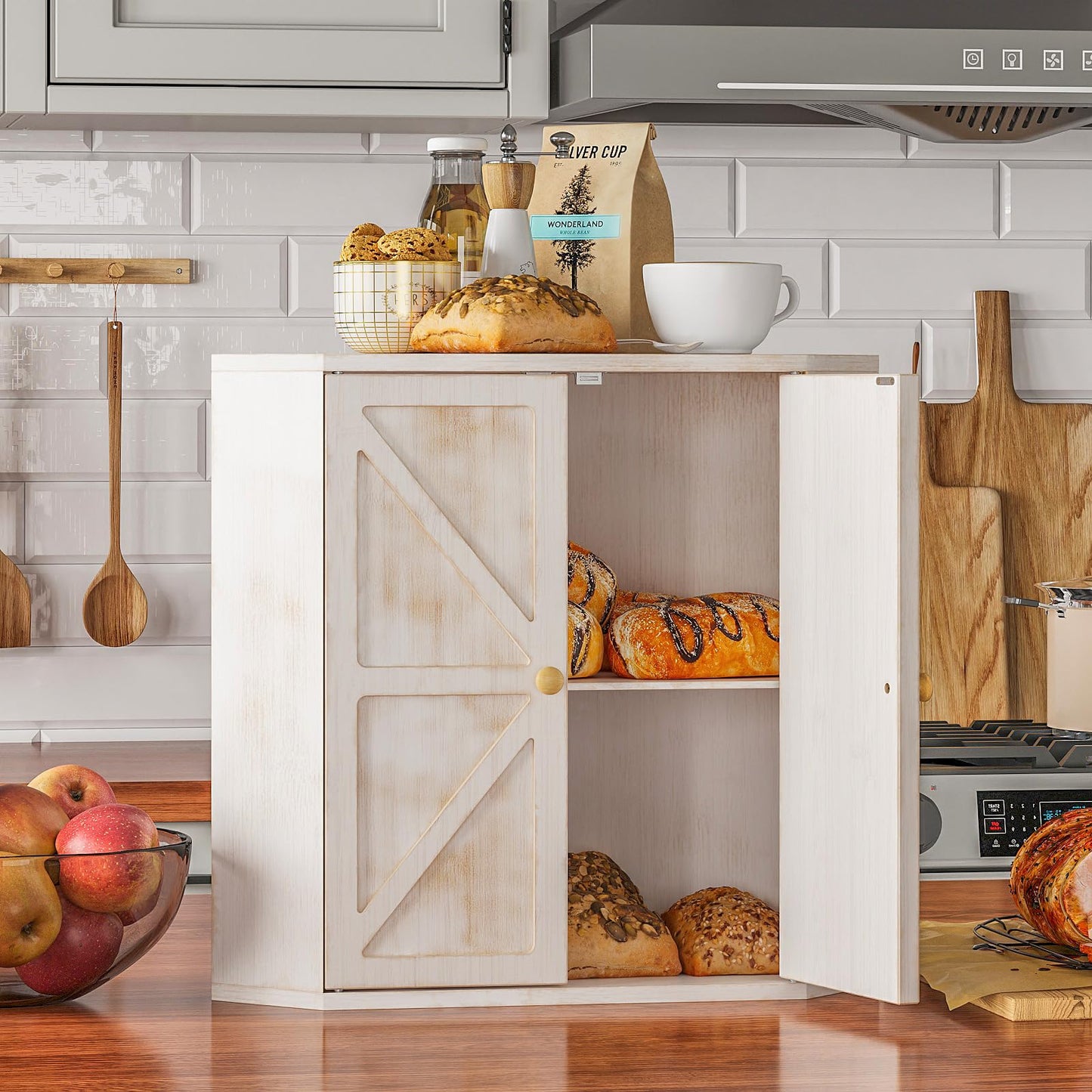 Trironsun Corner Bread Box for Kitchen Counter Double Layer Bamboo Bread Storage Container Large Capacity Bread Storage Bin Farmhouse Breadbox Organizer