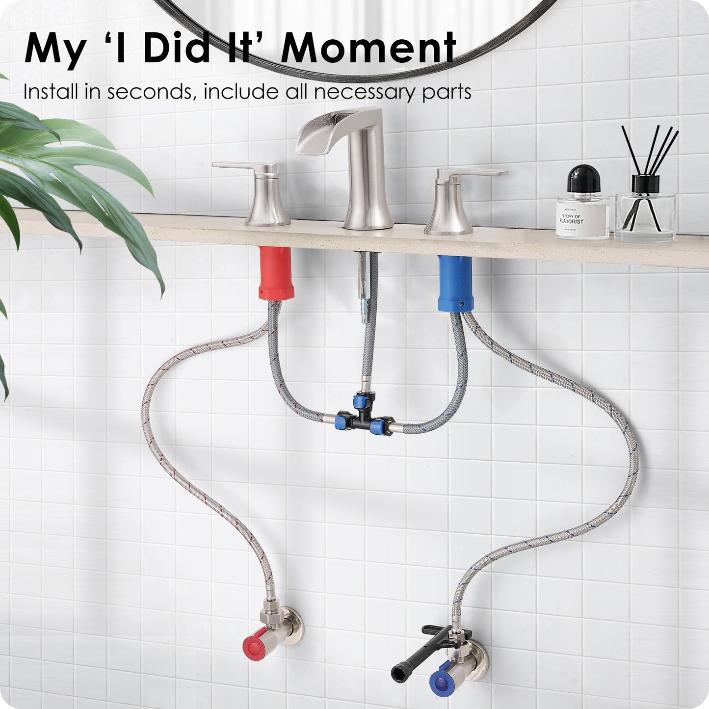 HOIGY Brushed Nickel Bathroom Faucet 3 Hole, 4-8 Inch Waterfall Bathroom Sink Faucet Widespread with Drain & cUPC Supply Hose, 2 Handles for Vanity, Lavatory, Restroom, Brass Material, 10 Mins Install