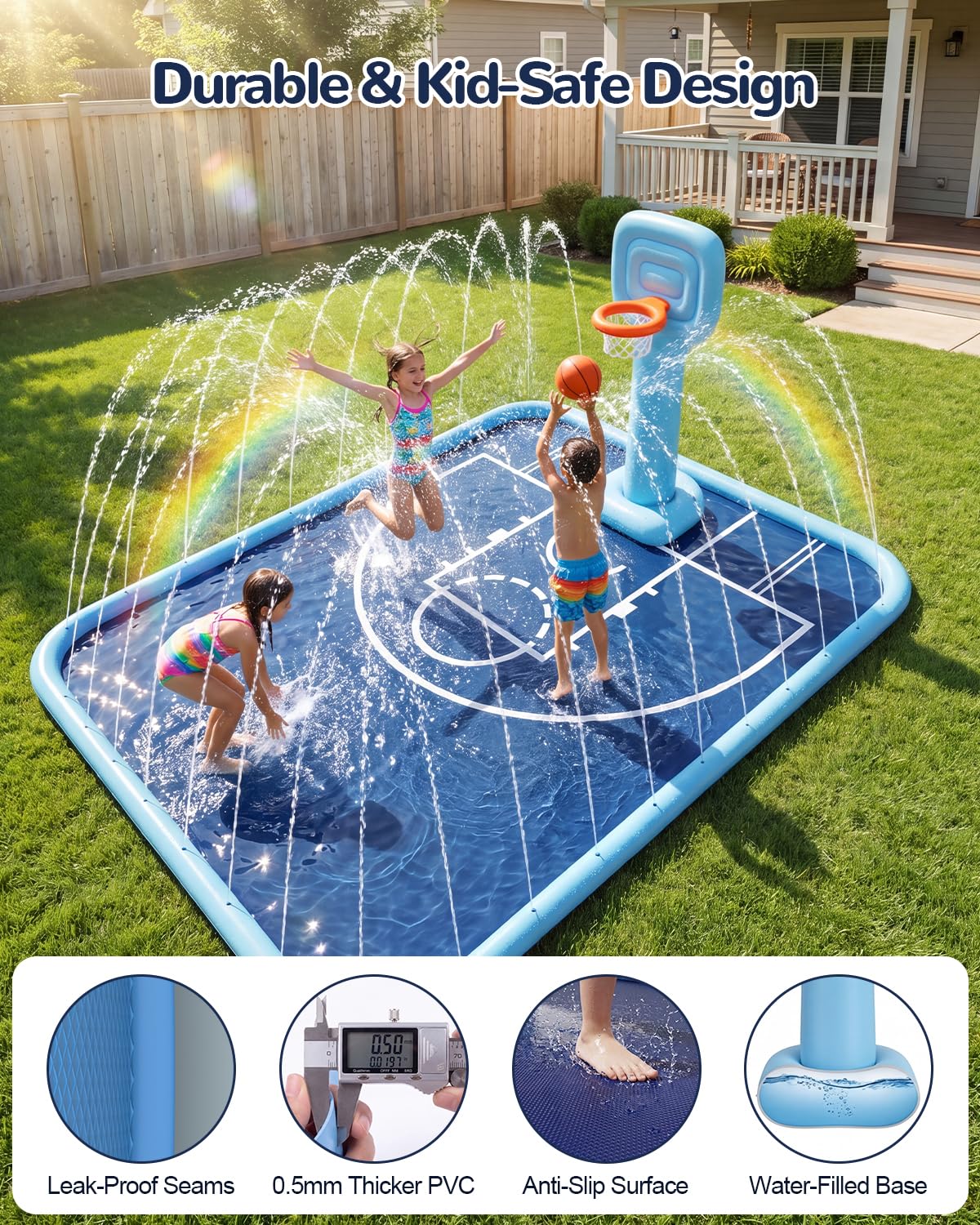 Qmioti 3-in-1 Splash Pad for Kids & Dogs, 138 x 118'' Large Sprinkler Pad with Basketball Hoop, Foldable Play Mat, Pool Summer Outdoor Water Toy