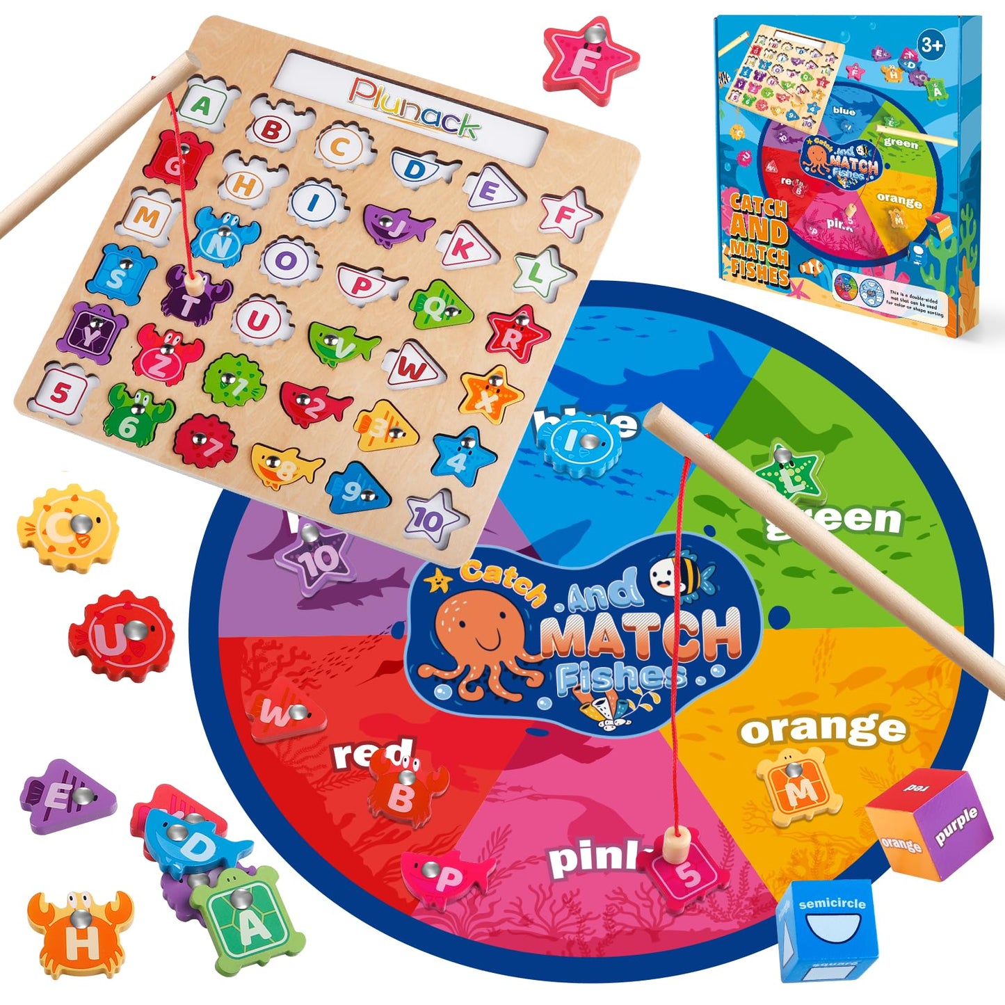 Magnetic Wooden Fishing Game, Plunack Alphabet Fishing Toy for Toddler Boys Girls 3-5 Years Old, ABC Letter Puzzle Montessori Sorting Toy, Fine Motor Skills Toy Birthday Gift for 3 4 5+ Year Old Kids