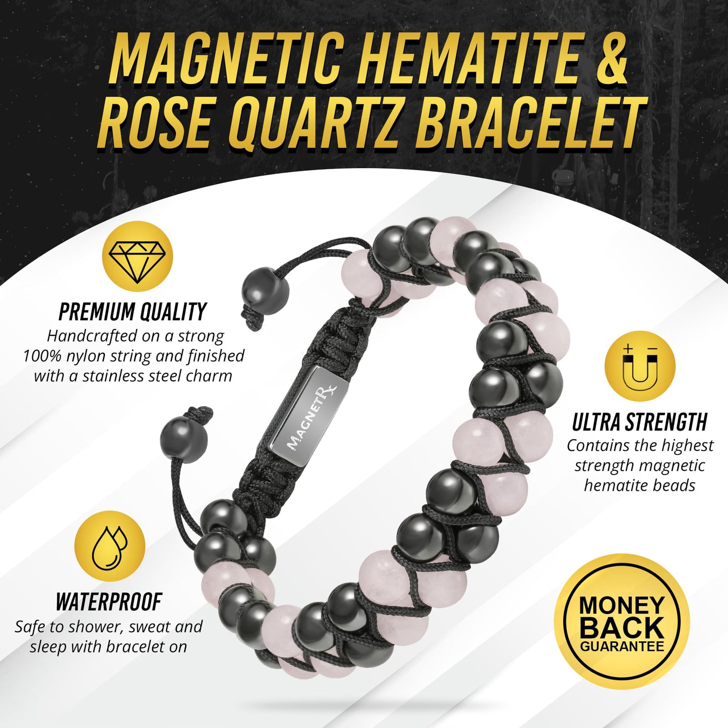 MagnetRX® Hematite & Rose Quartz Bracelet – MAX Strength Magnetic Hematite Bracelets – Natural Rose Quartz Crystals Pink Beaded Bracelets for Women