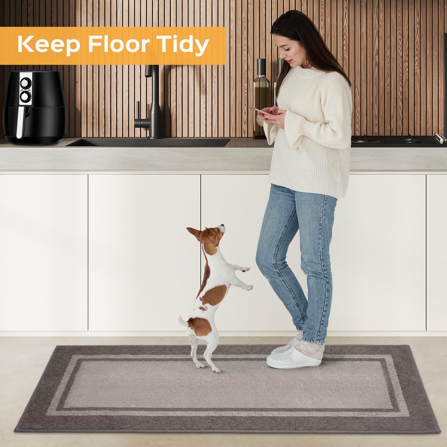 Kitchen Rugs 24" x 84", Non-Slip Machine Washable Kitchen Runner Rugs Floor Mats, Absorbent Comfort Standing Mats for Kitchen, Sink, Laundry and Hallway, Rolled Packaging, Beige & Grayish Brown