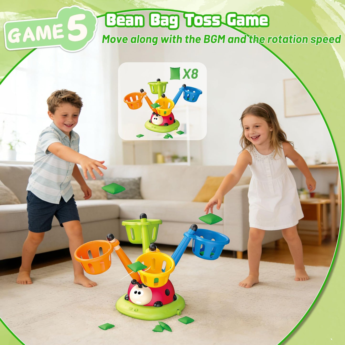 5 in 1 Musical Jump, Bean Bag Toss Ring Set, Baseball Toys and Rocket Launcher for Kids, Remote Control Indoor Outdoor Sports Toys for Kids 4-8