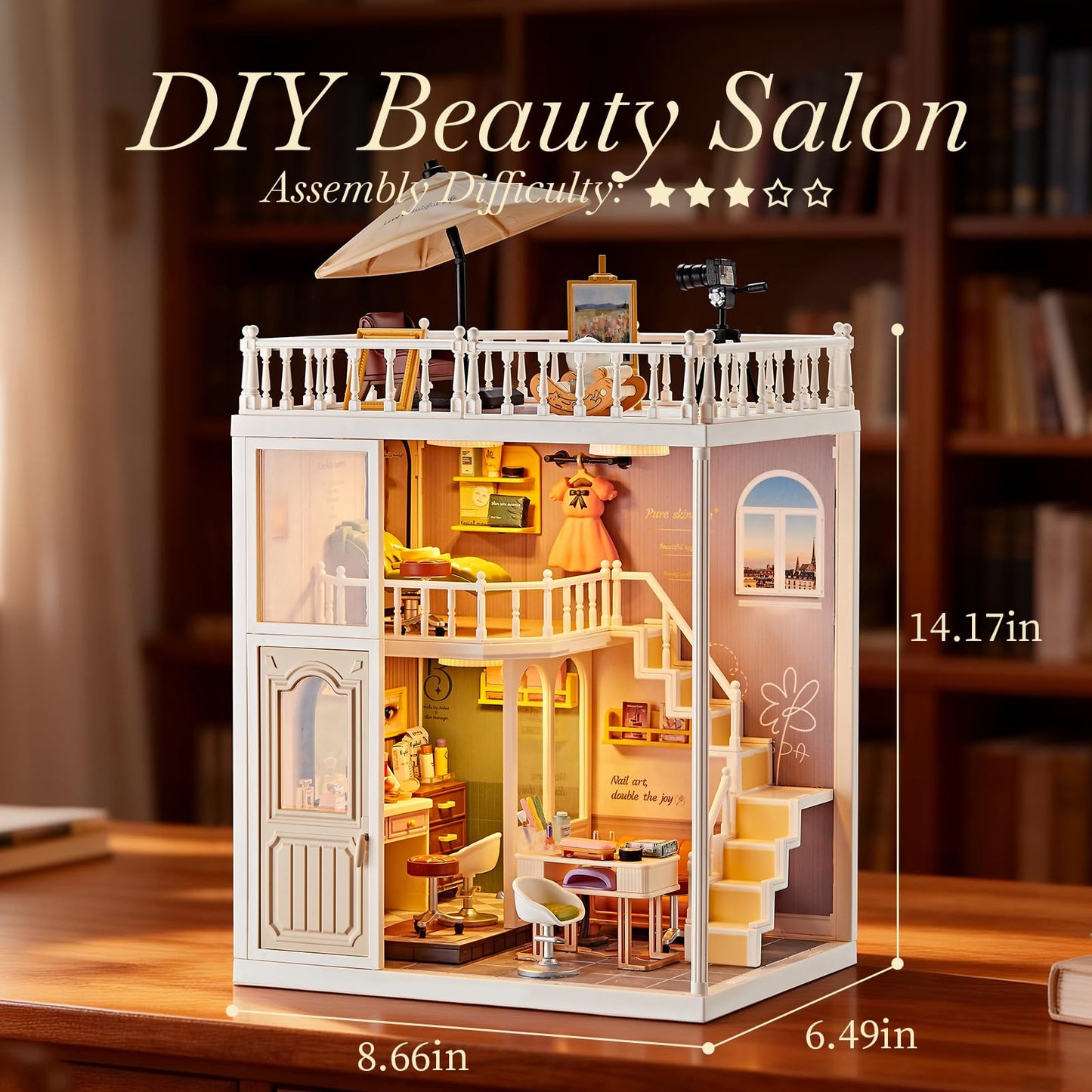 Qudify DIY Miniature House Play Kit with 101Pcs, 1:20 Scale Dollhouse Furniture with LED Light, Realistic Accessories Mini Room & Connectable Base Tiny House for Adults & Kids 8+ (Beauty Salon, Large)