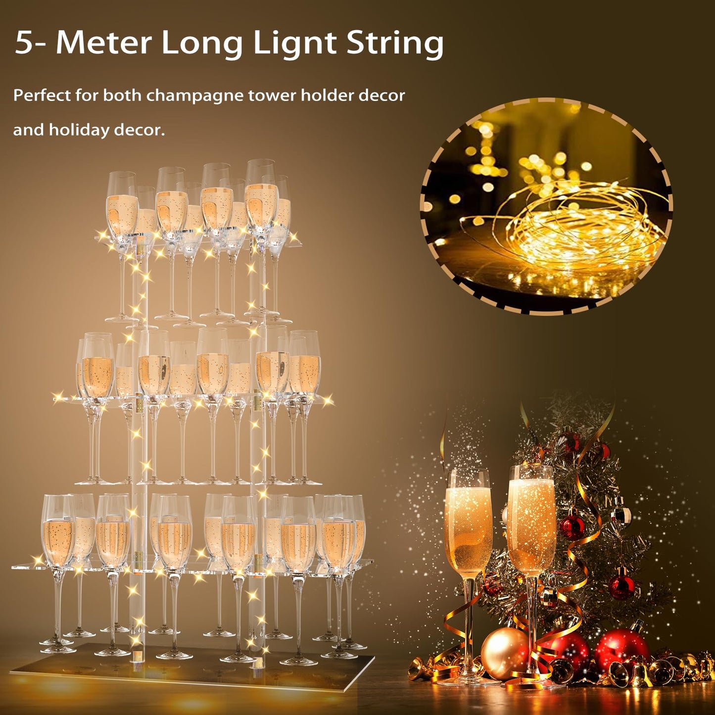 Champagne Display Holder Stand for Party With 32 Slots, Cocktail Tree Stand for Drinks 3 Tier Clear Acrylic Wine Glass Stemware Display Rack, Champagne Flute Wall Holder with Led Light for Party