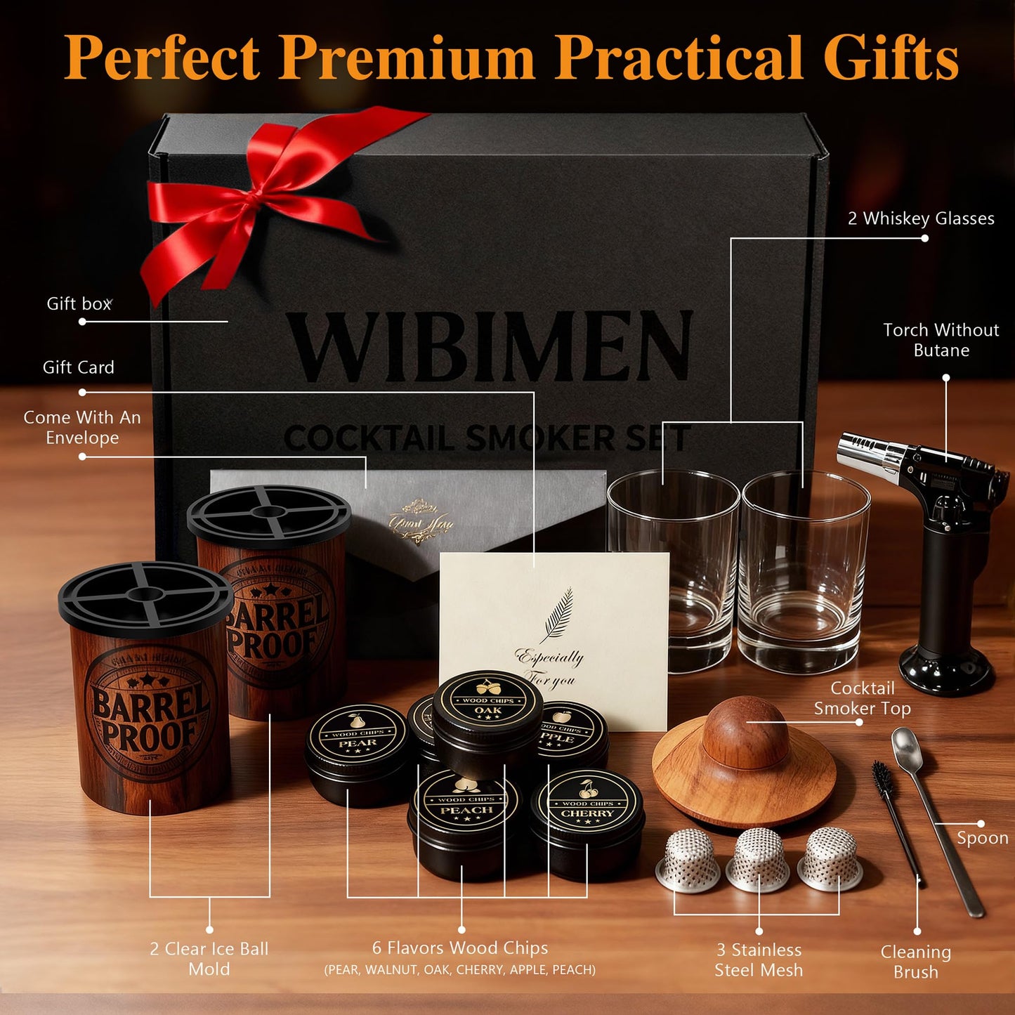 Whiskey Smoker Kit with 2 Crystal Clear Ice Ball Makers, Torch Included, 6 Wood Chip Flavors, Old Fashioned Cocktail Smoker Kit, Bourbon Whiskey Gifts for Men, Dad (No Butane)