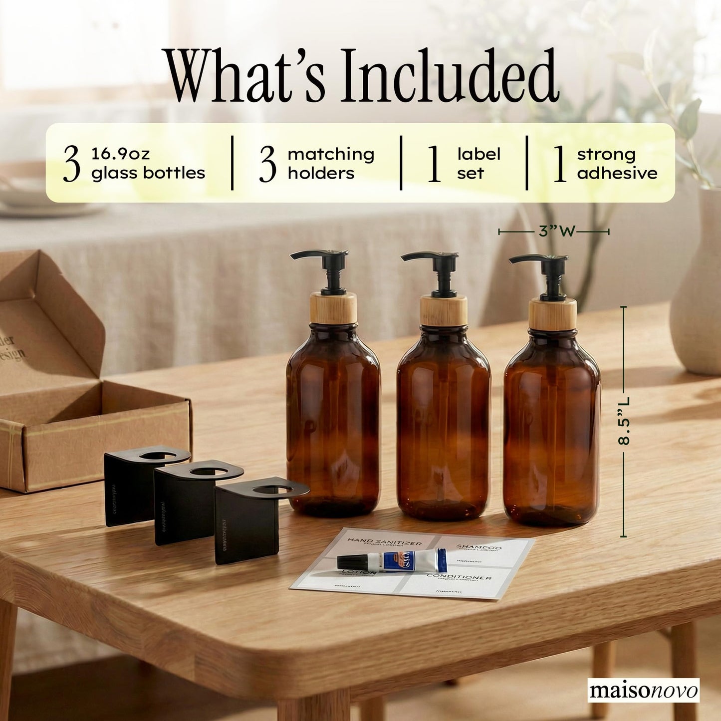 Shampoo and Conditioner Dispenser Wall Mounted Set of 3 Green - No Drill Shower Soap Dispenser for Bathroom Refillable - Spa Hotel Style Accessories by MaisoNovo