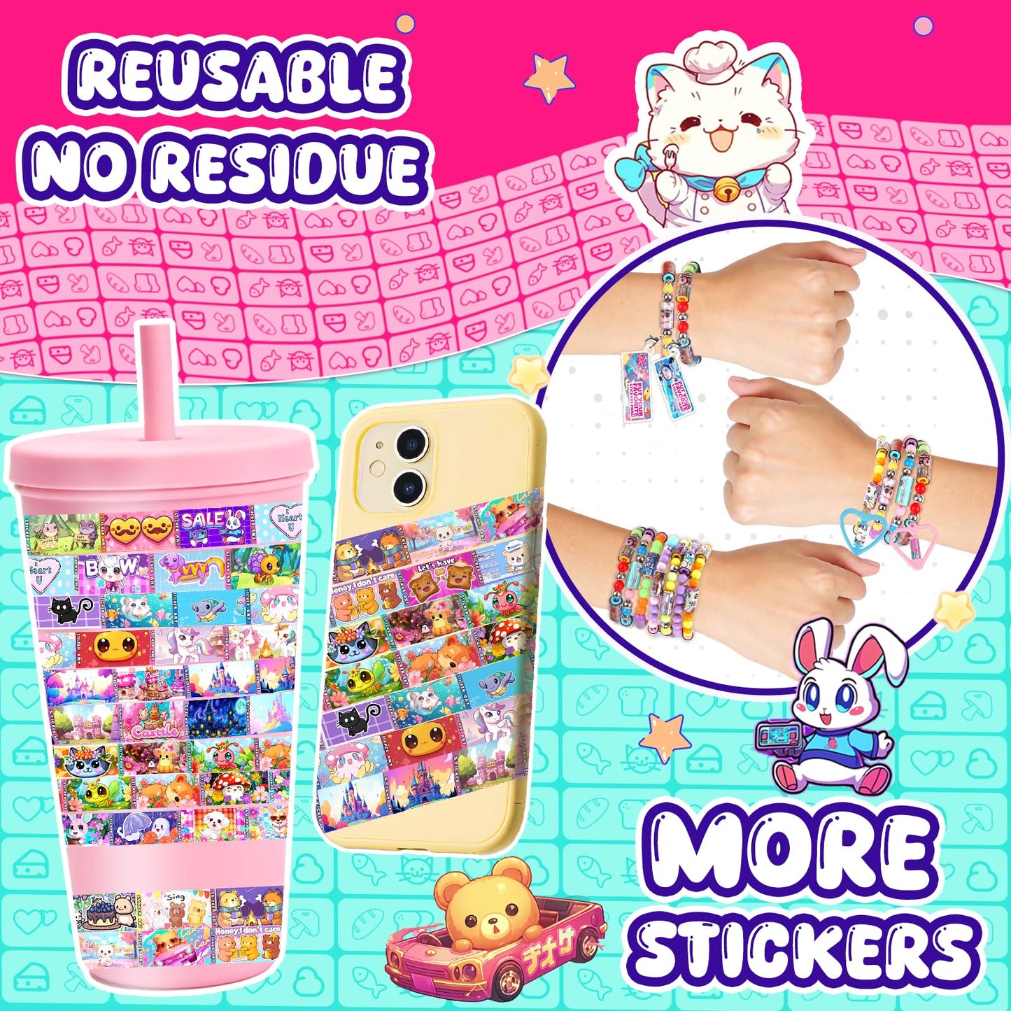 DIY Sticky Roll Stickers Bracelets, Wearable & Shareable Stickers, Beads & Charms & Pendants, Sticker Jewelry Making Kits for Age 6+ Years Old Girls (960PCS DIY Sticker Bracelet Kit for Kids)