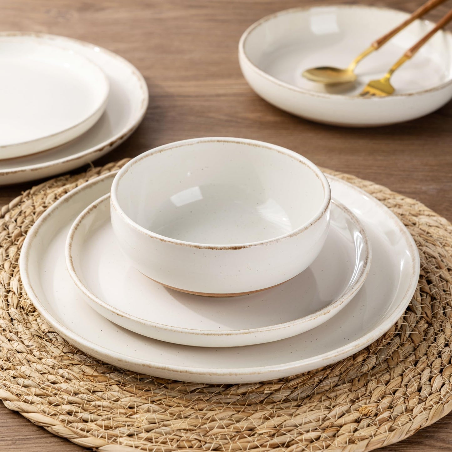 AmorArc Ceramic Dinnerware Sets for 4, 12 Pieces Handpainted Plates and Bowls Set with Rustic Terracotta Underside, Scratch Resistant Stoneware Dishes Set, Dishwasher & Microwave Safe, Beige