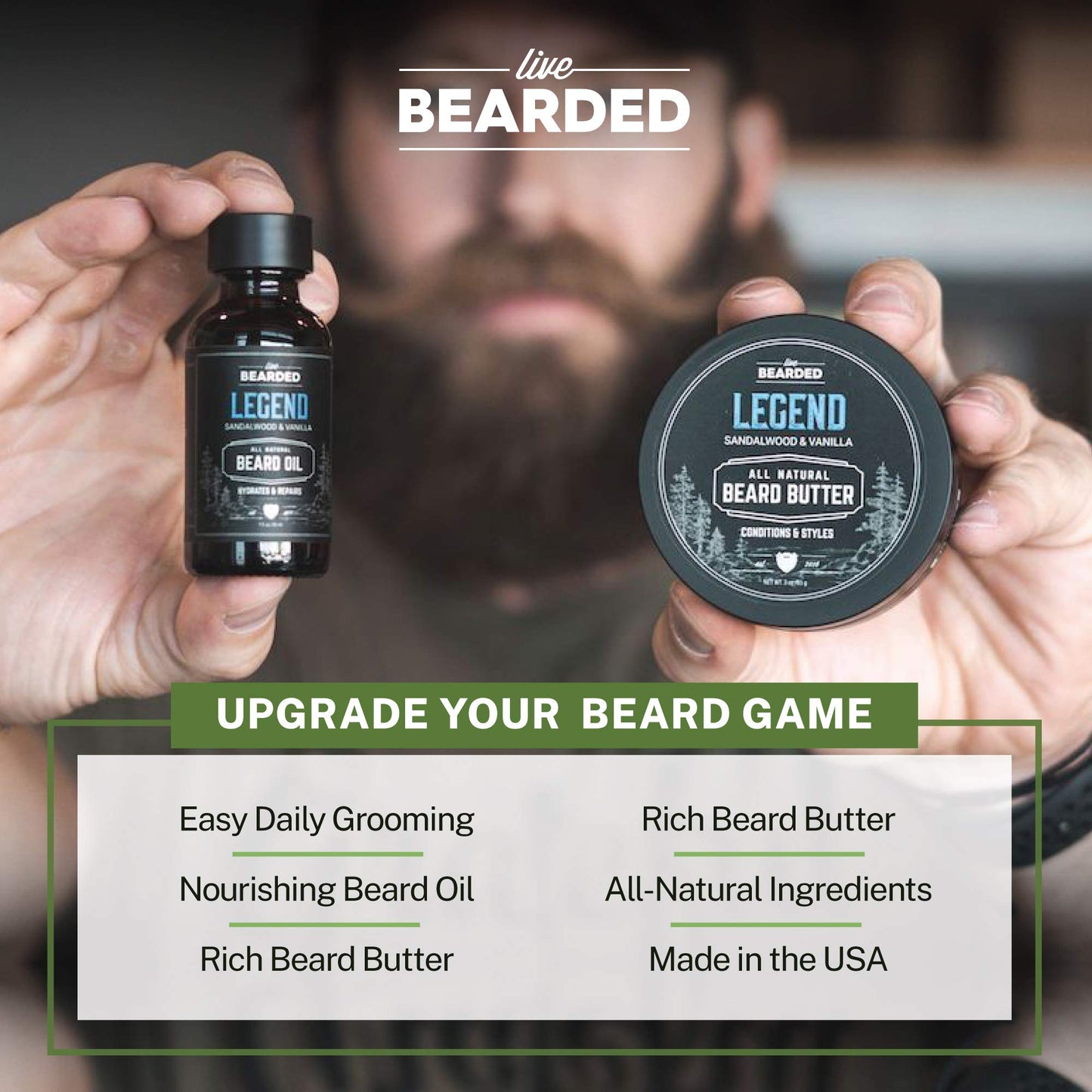 Live Bearded: Beard Oil and Beard Butter Grooming Kit - American - All-Natural Ingredients with Shea Butter, Argan Oil, Jojoba Oil and More - Beard Growth Support - Made in The USA