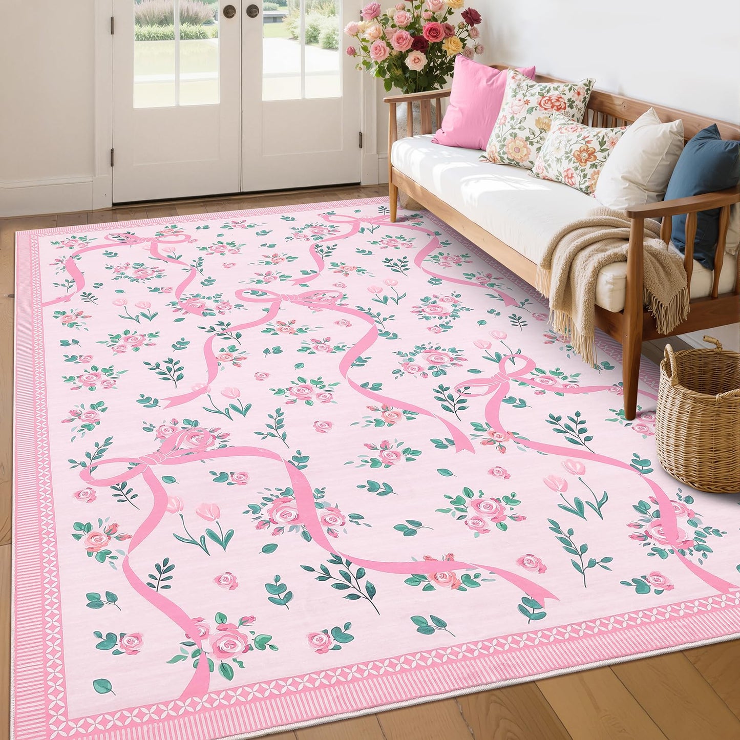 GarveeHome Coquette Pink Bow Rugs for Bedroom Girls, 5x7 Area Rugs for Living Room with Soft Low Pile, Non Slip Floral Washable Rug 5x7 for Nursery Kids Playroom Dining Room College Dorm Girl Rug