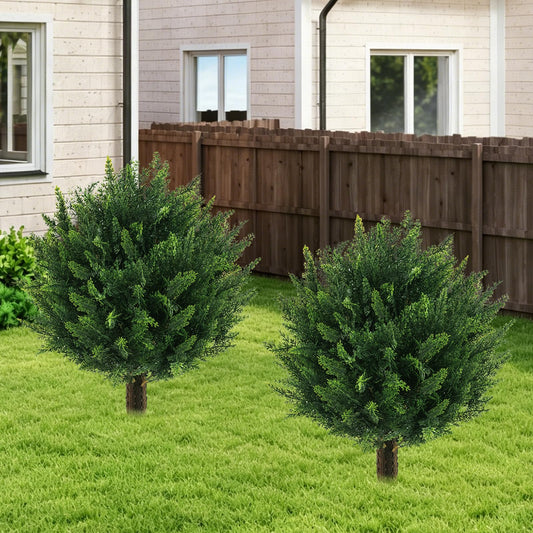 Chillchard 21" Artificial Cypress Topiary Outdoor Plants with Spike, 2 Pack Faux Cedar Bushes UV Resistant Fake Shrubs for Front Porch Décor