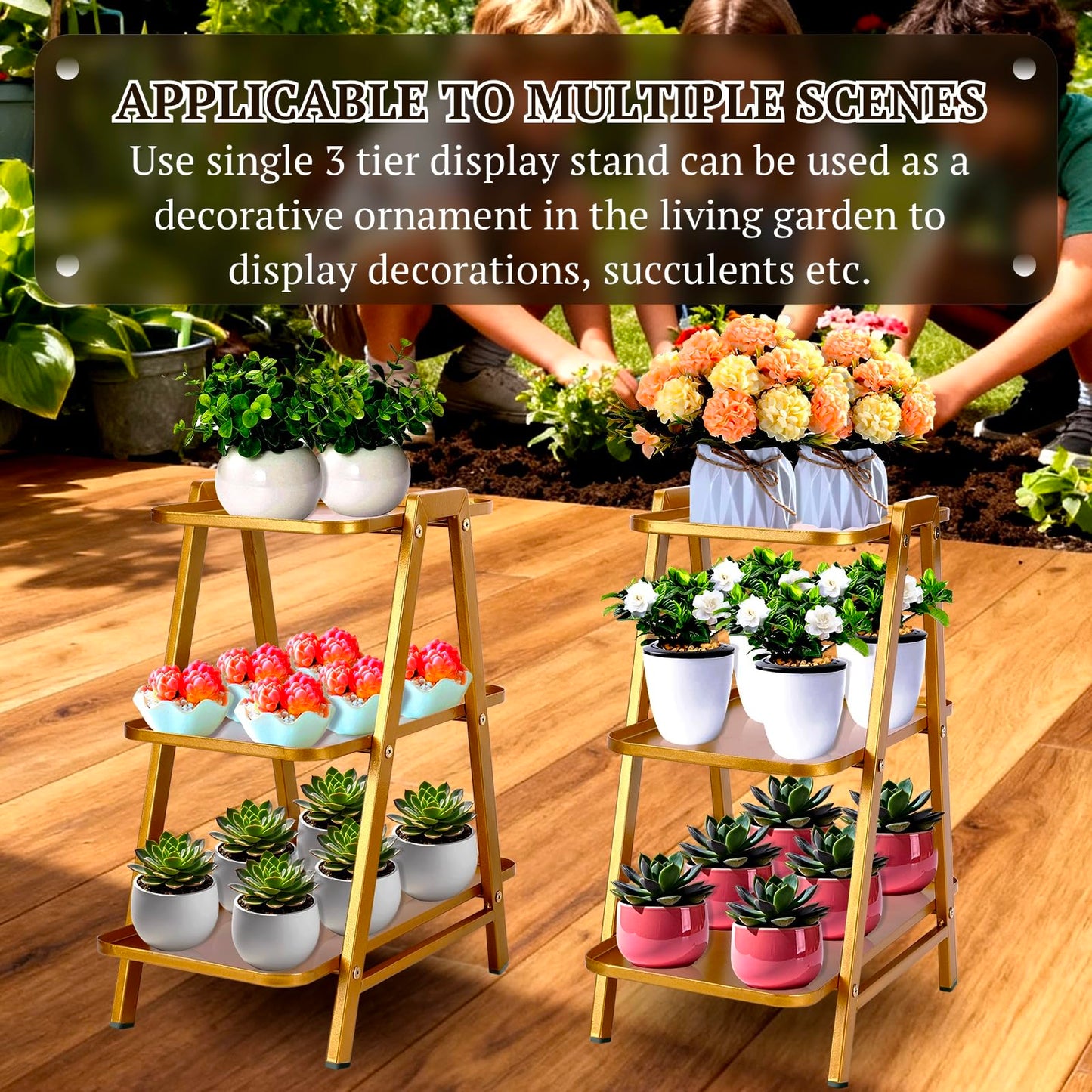 QDXIW Metal 3 Tier Cupcake Stands, Large Capacity Serving Removable Tray Dessert Stands with Swing Design and Anti-slip Base, Food Display for Parties and Events, Wedding, 32.28*15.55*20.47Inch (Gold)