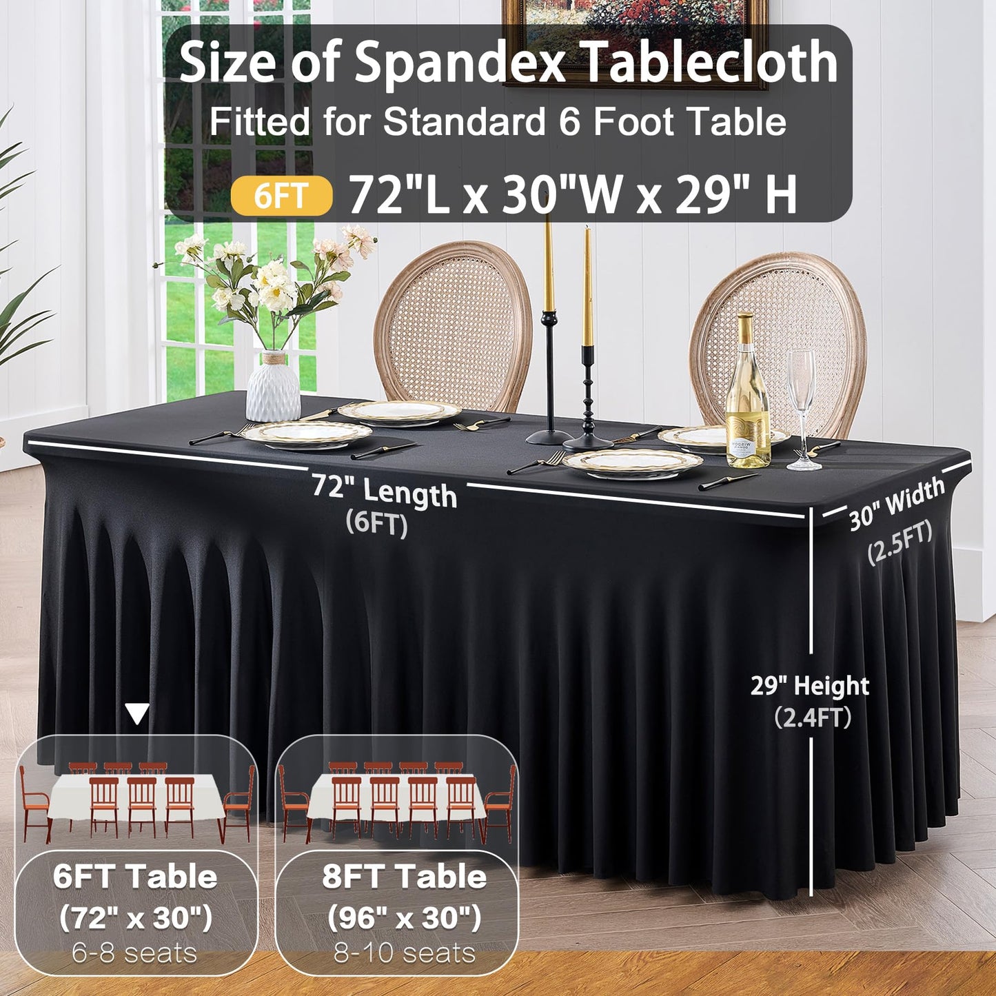 Htper 6 Pack Spandex Black Table Clothes for 6 Foot Rectangle Tables, Wrinkle Free Table Cloth Fitted Tablecover Stretchy Tablecloths with Skirt for Parties Wedding Banquet