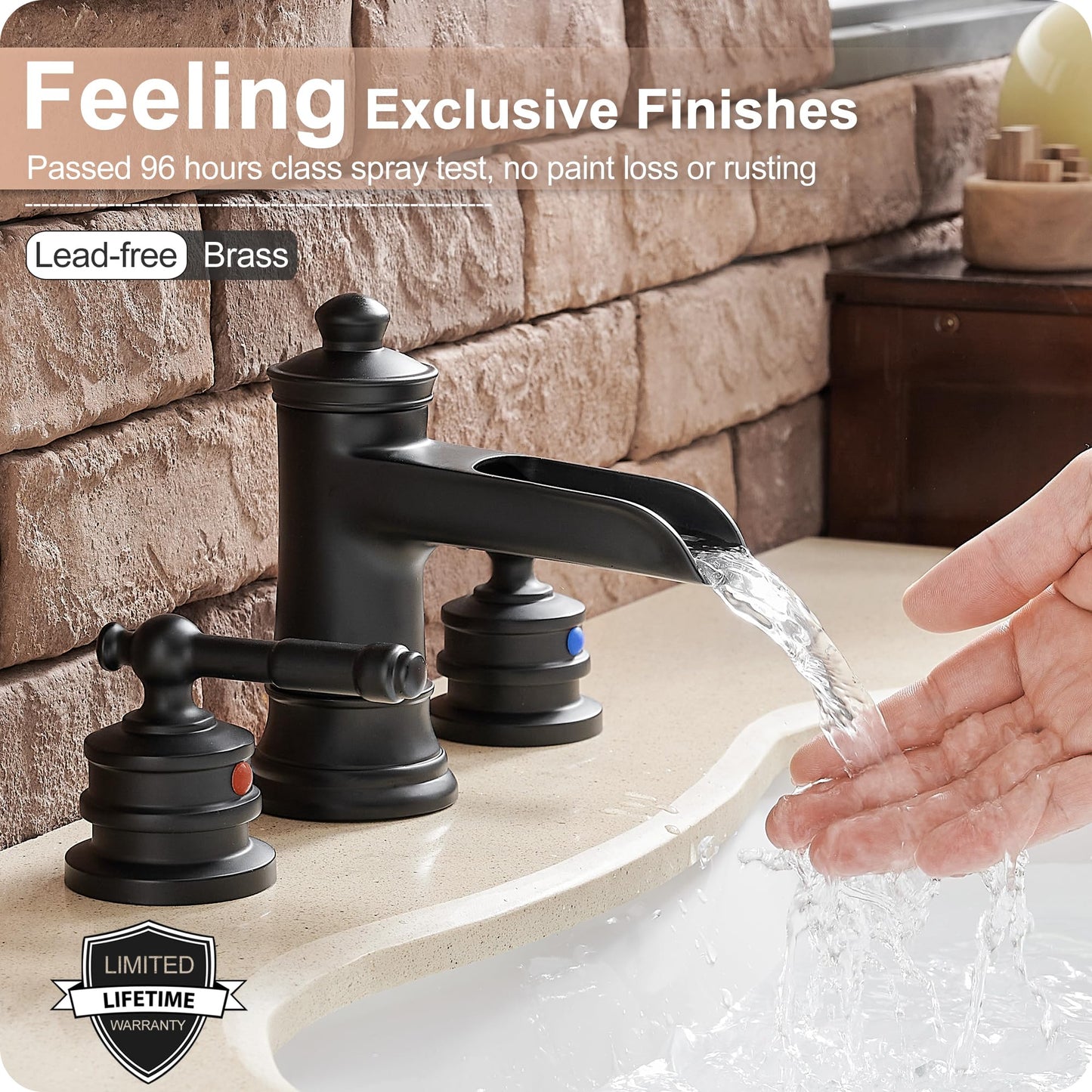 HOIGY Black Waterfall Bathroom Faucet Widespread, Brass Bathroom Faucets for Sink 3 Hole, 4-16 Inch Faucet Bathroom Vanity Faucet with 2 Handles Supply Hoses & Pop-Up Drain for Modern Farmhouse